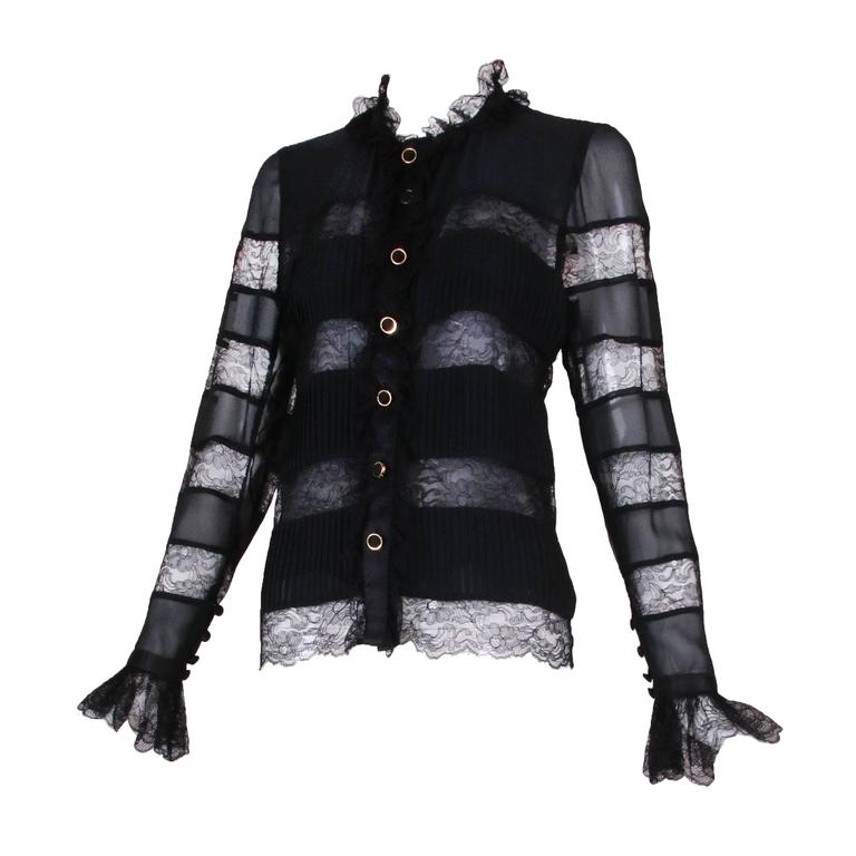 Vintage Chanel Black Silk and Lace Blouse Top at 1stDibs | chanel ...