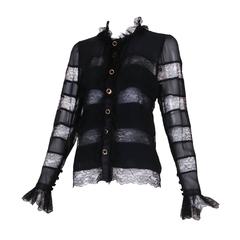 Vintage Chanel Black Silk & Lace Blouse Top