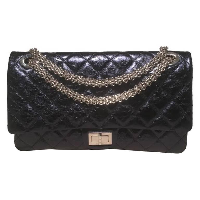 Chanel Blue Metallic Quilted Distressed Leather 2.55 Double Flap Reissue Classic