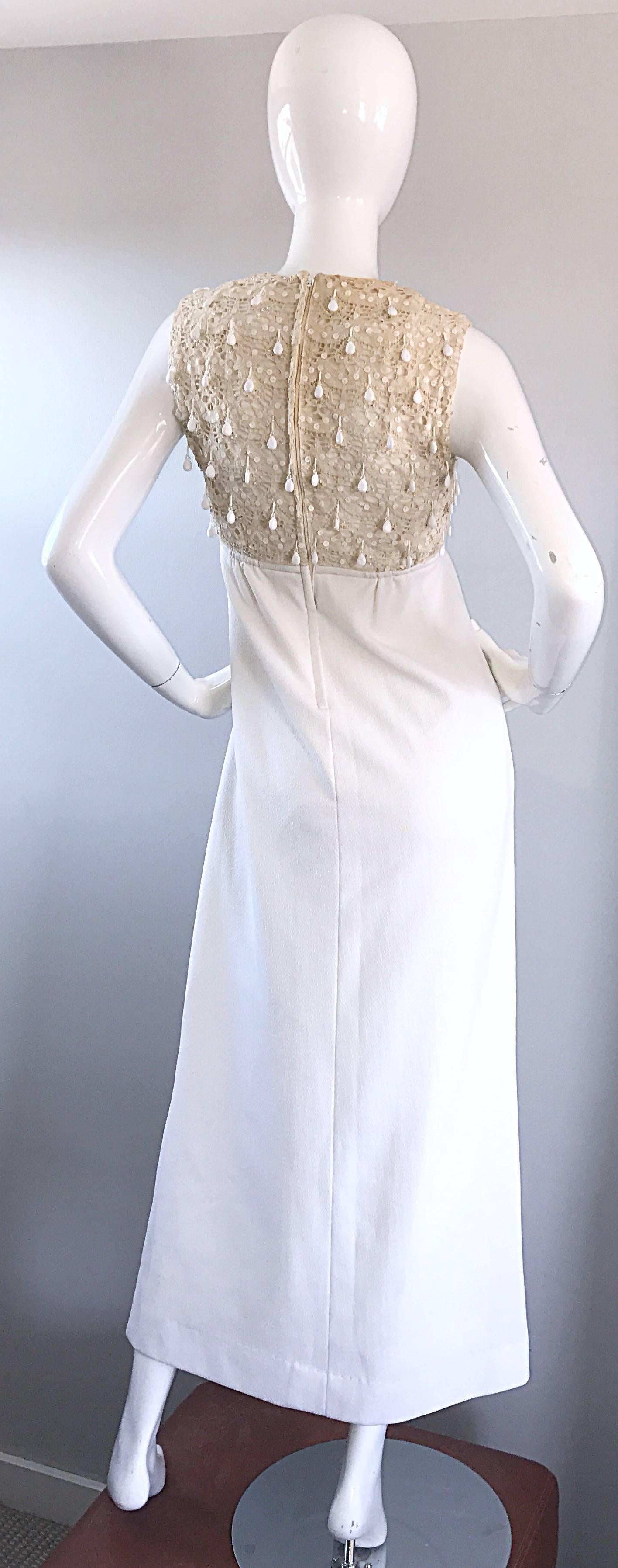 1960s Jack Bryan Ivory and White Crochet Lace Beaded Vintage Maxi Dress / Gown  For Sale 2