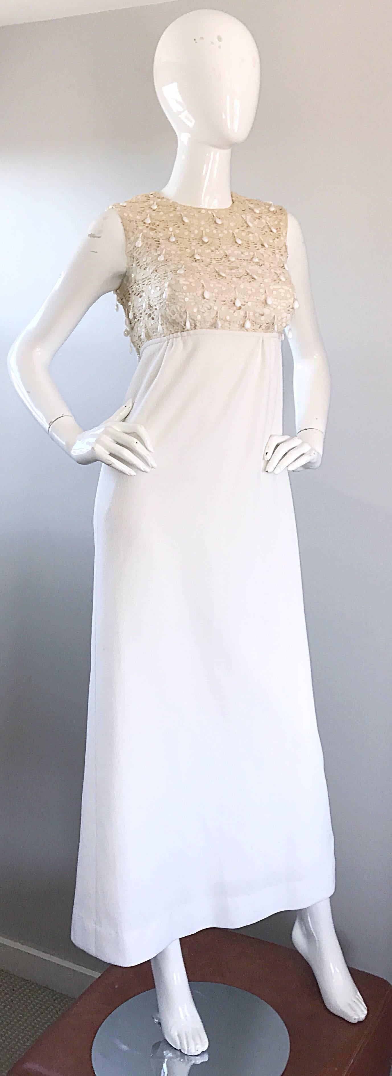 1960s Jack Bryan Ivory and White Crochet Lace Beaded Vintage Maxi Dress / Gown  In Excellent Condition For Sale In San Diego, CA