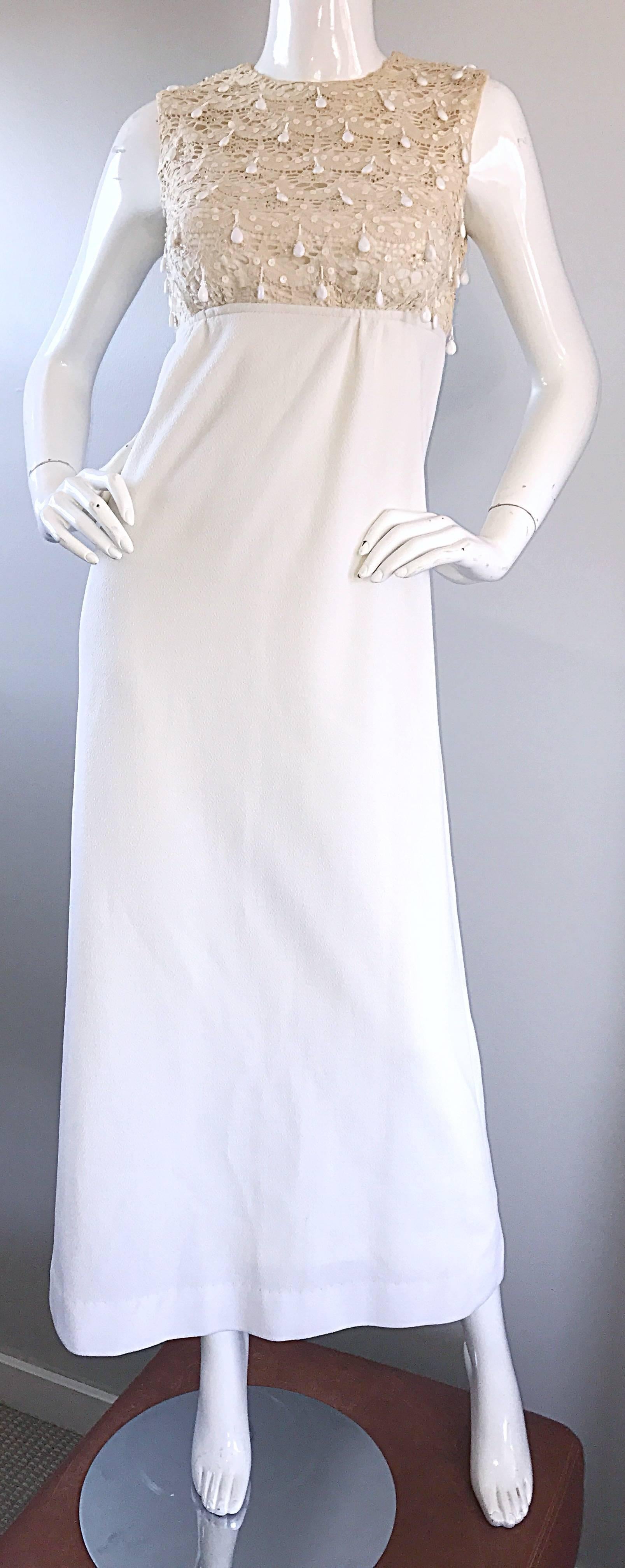 1960s Jack Bryan Ivory and White Crochet Lace Beaded Vintage Maxi Dress / Gown  For Sale 1