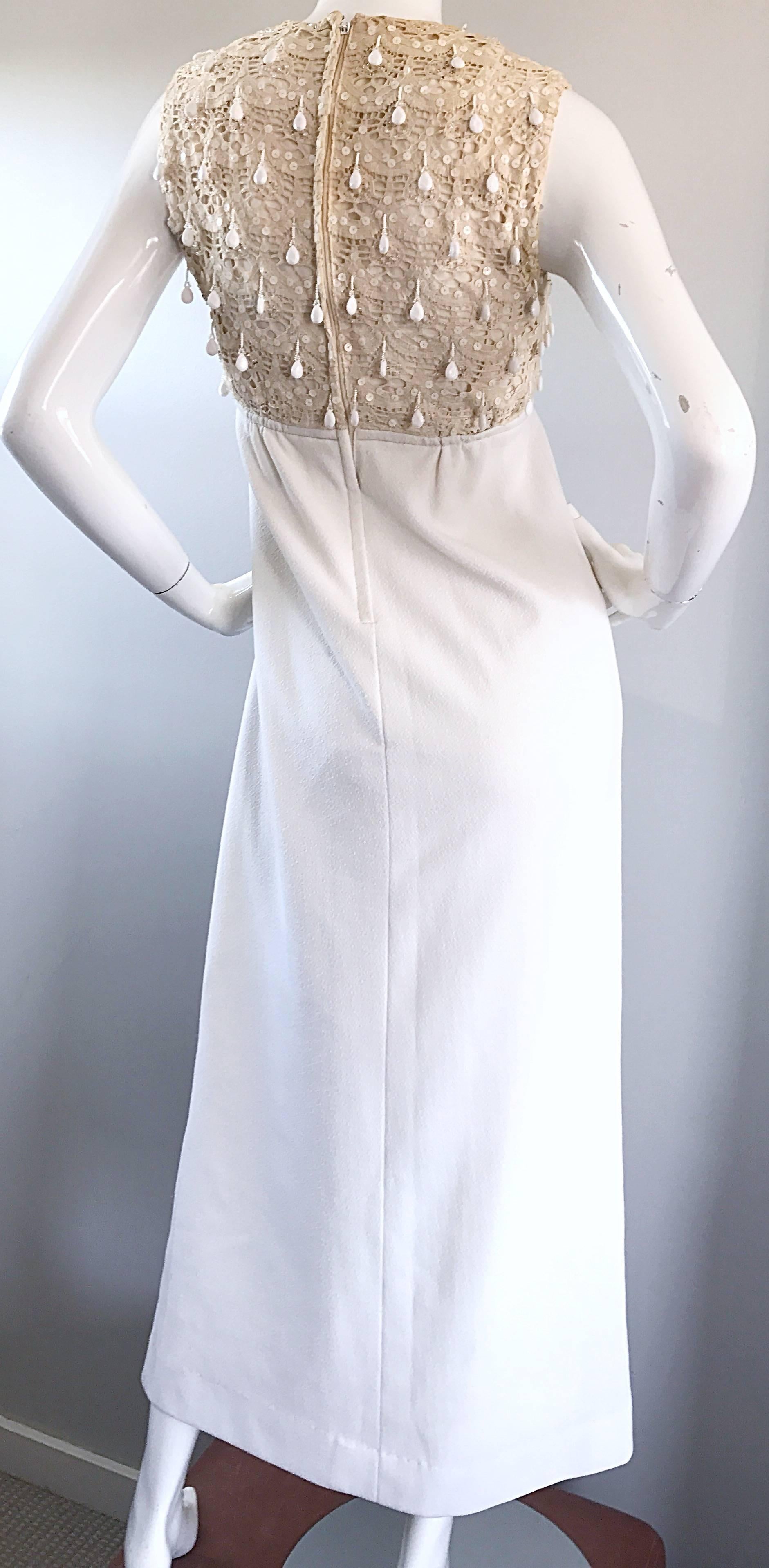 1960s Jack Bryan Ivory and White Crochet Lace Beaded Vintage Maxi Dress / Gown  For Sale 3