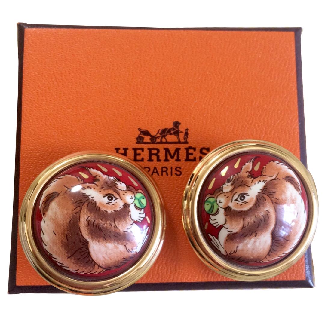 MINT. Vintage Hermes round cloisonne enamel golden earrings with squirrel design For Sale