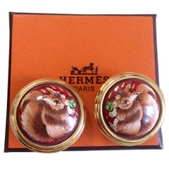 MINT. Vintage Hermes round cloisonne enamel golden earrings with squirrel design
