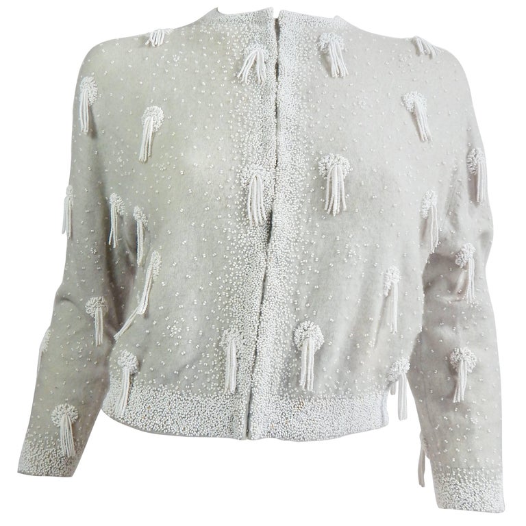 1950s Beaded Cashmere Cardigan with Tassels For Sale at 1stDibs