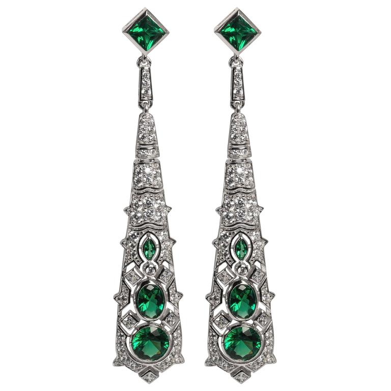 Magnificent Costume Jewelry Diamond Emerald Art Deco Revival Magnificent Costume Jewelry Diamond Emerald Art Deco Revival Earrings For