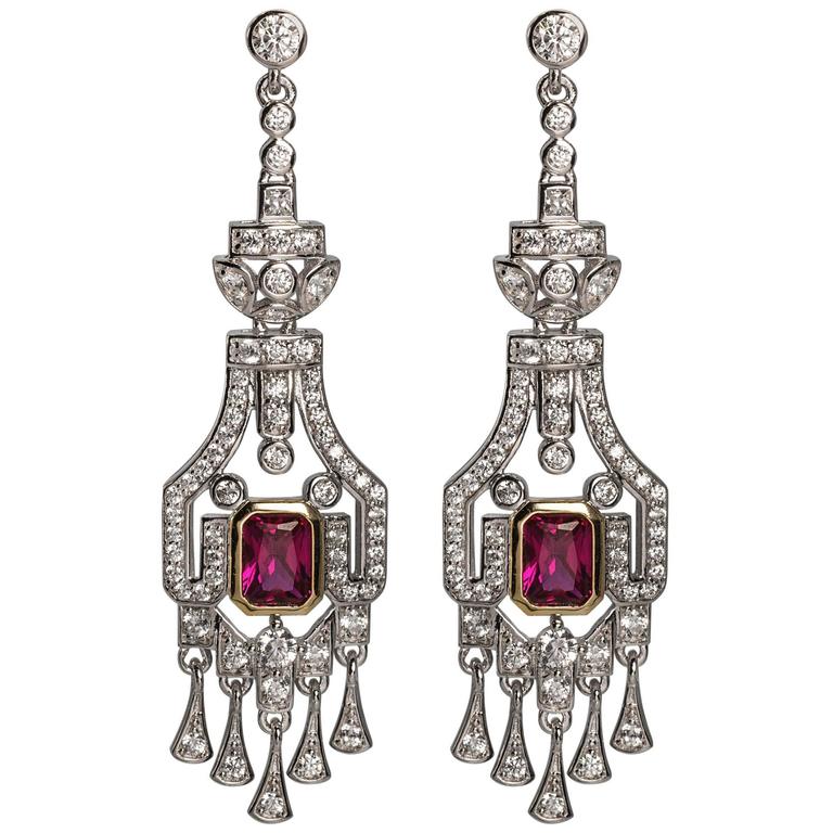 Magnificent Costume Jewelry Diamond Ruby Art Deco Revival Earrings For