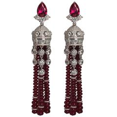 Exquisite 1920s Style Faux Ruby Bead Diamond Tassel Earrings 3