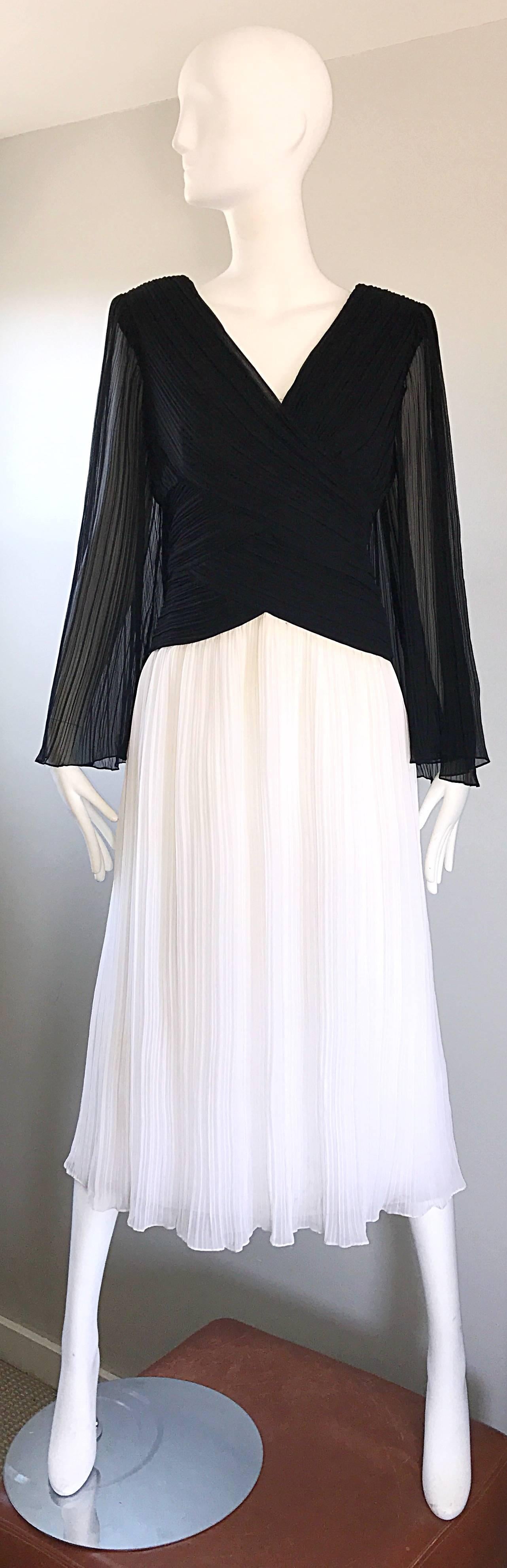 1970s Jill Richards Black and White Pleated Bell Sleeve Chiffon 70s Midi Dress  2