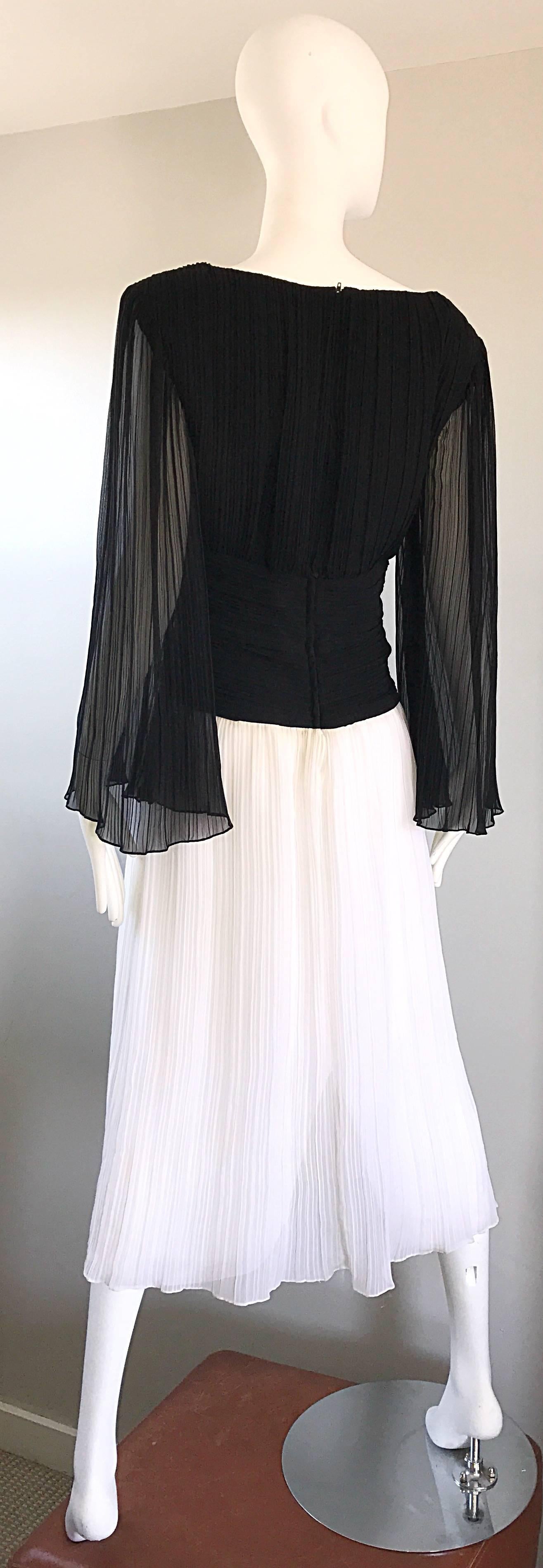 1970s Jill Richards Black and White Pleated Bell Sleeve Chiffon 70s Midi Dress  1