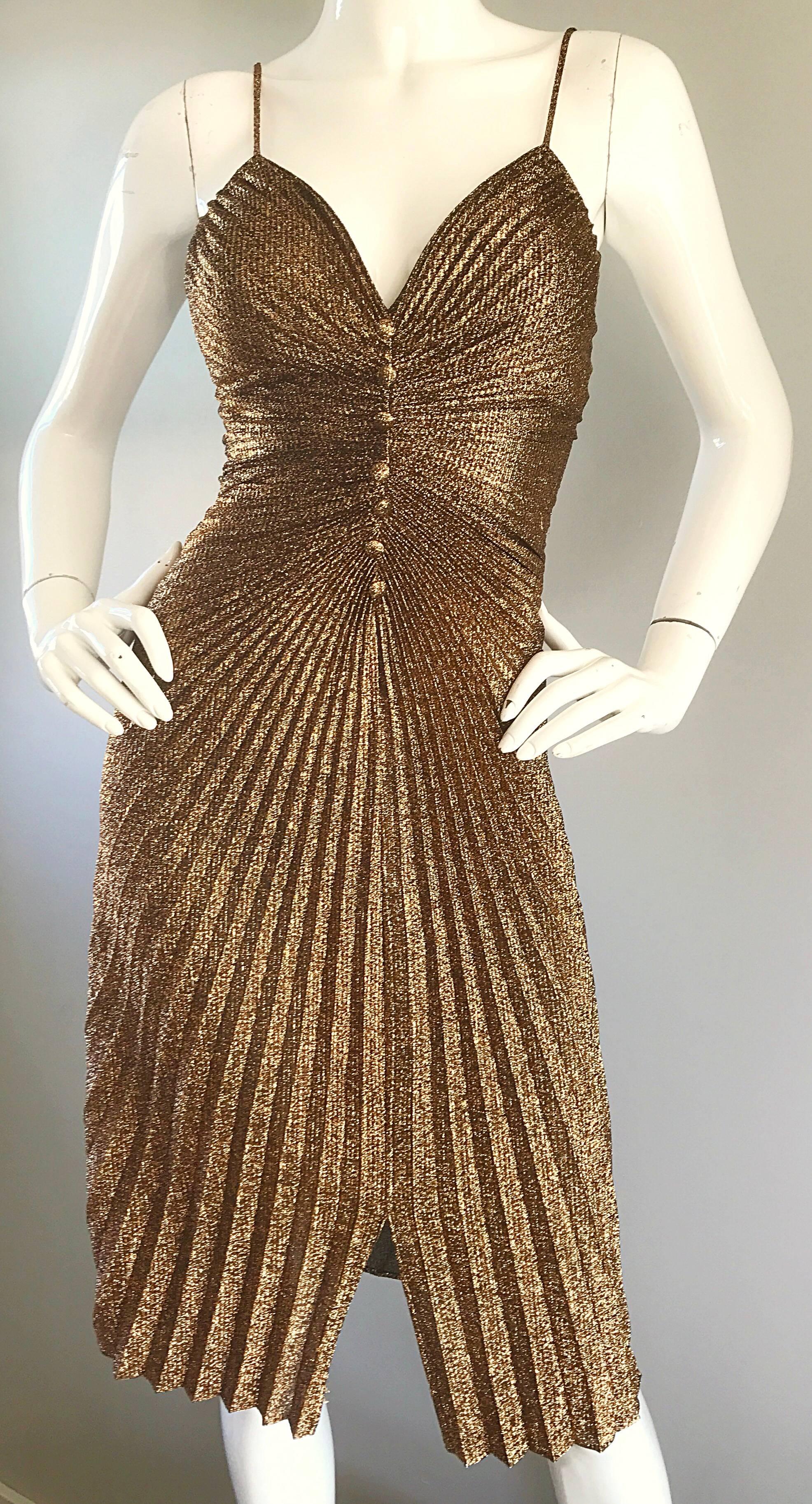 Brown 1970s Vintage Samir Sexy Gold Bronze Studio 54 Pleated Metallic Disco 70s Dress 