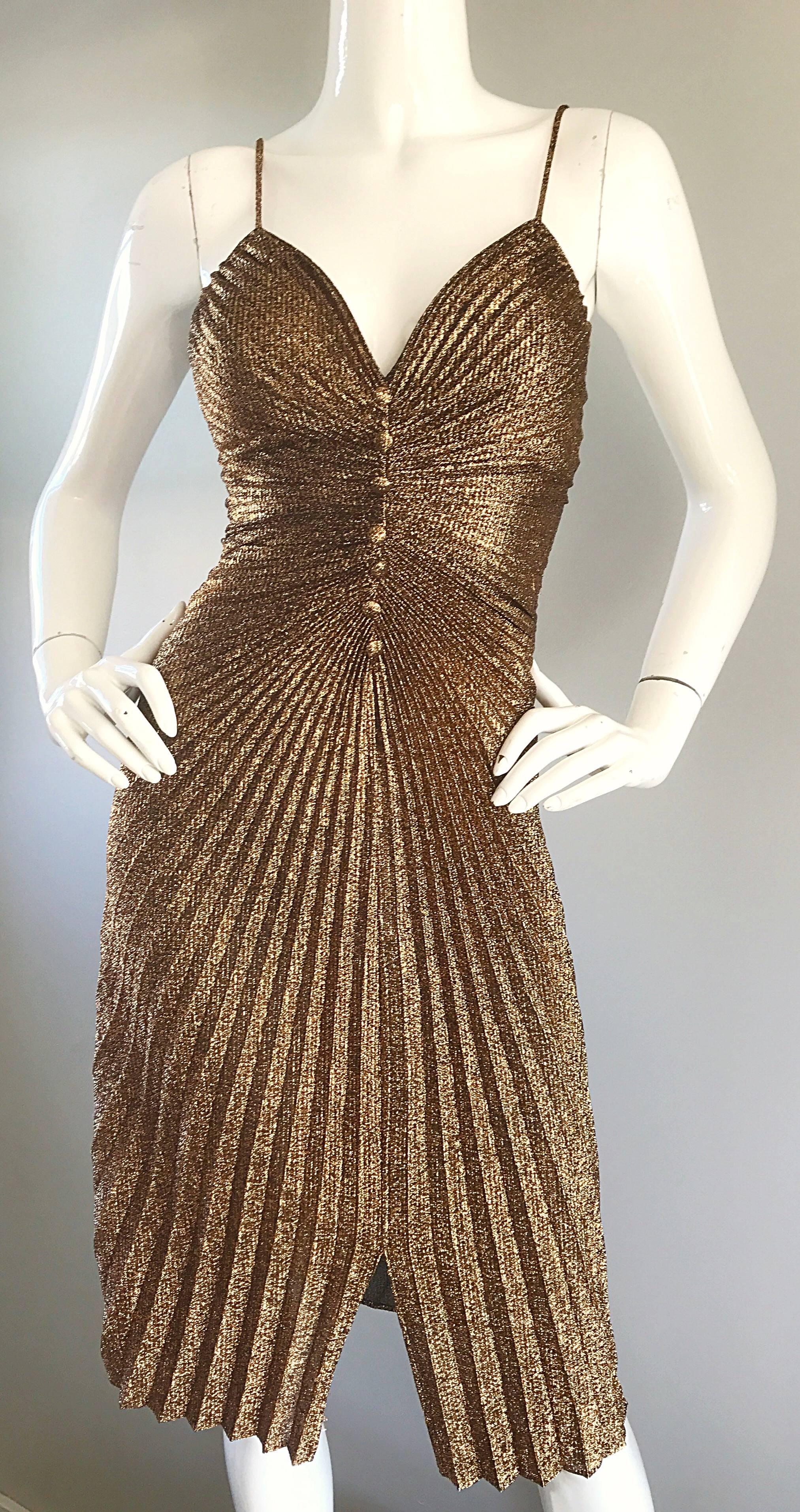 1970s Vintage Samir Sexy Gold Bronze Studio 54 Pleated Metallic Disco 70s Dress  1