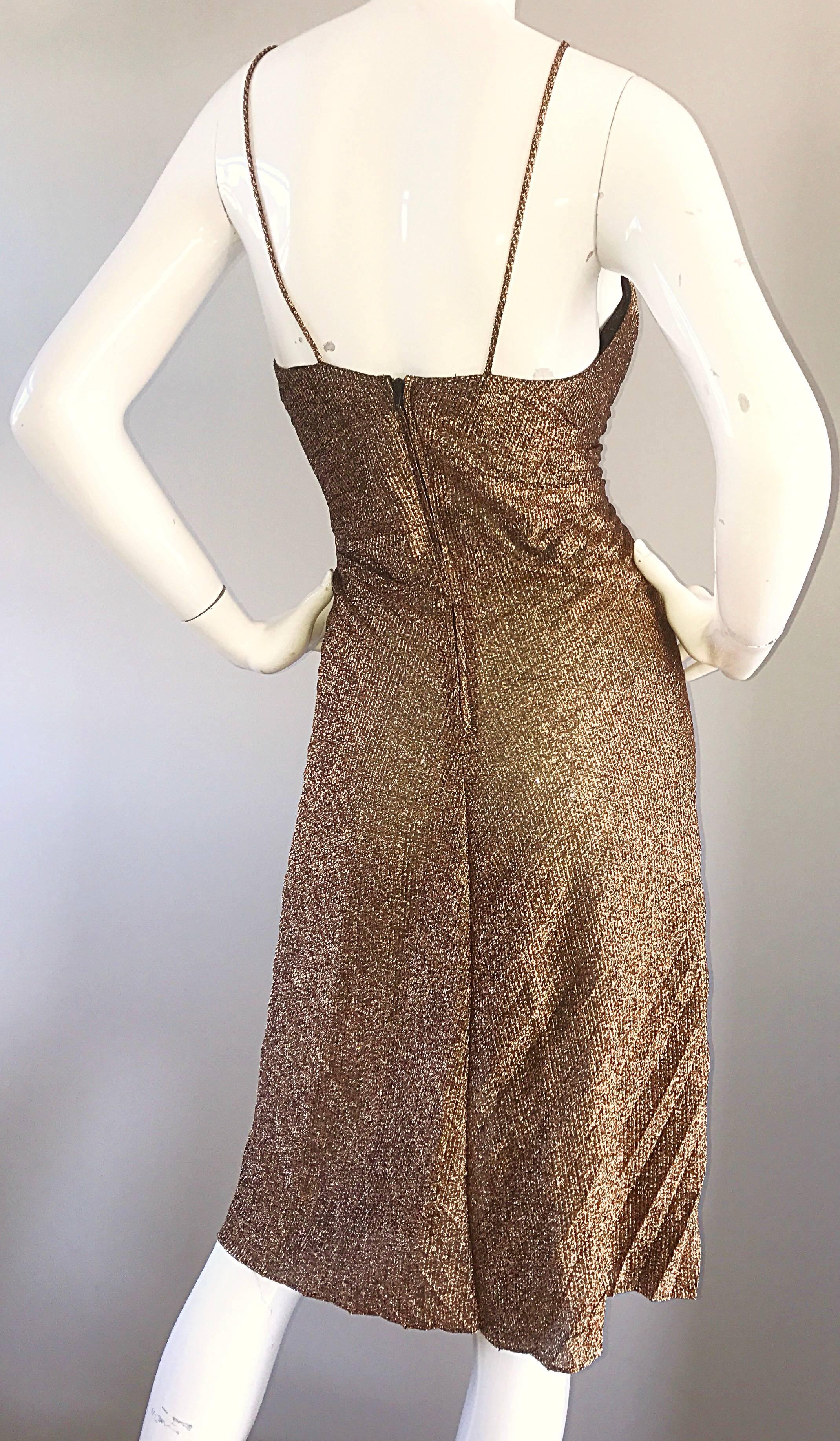 Women's 1970s Vintage Samir Sexy Gold Bronze Studio 54 Pleated Metallic Disco 70s Dress 