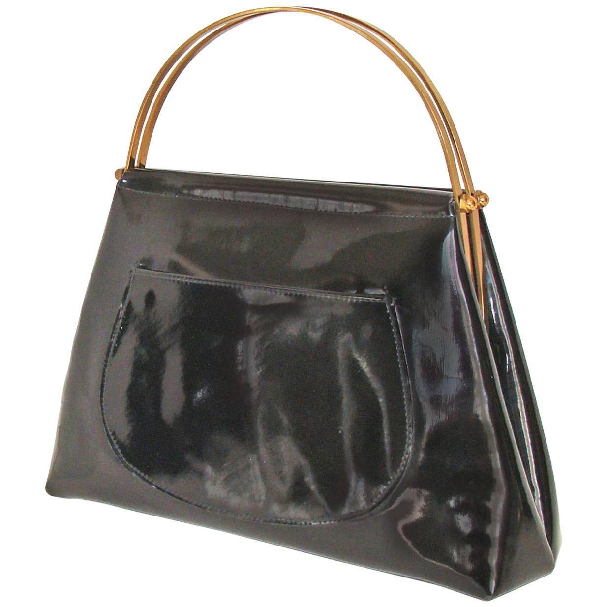 Spring!  Black Patent Leather Kelly Style bag.  Rare form. For Sale