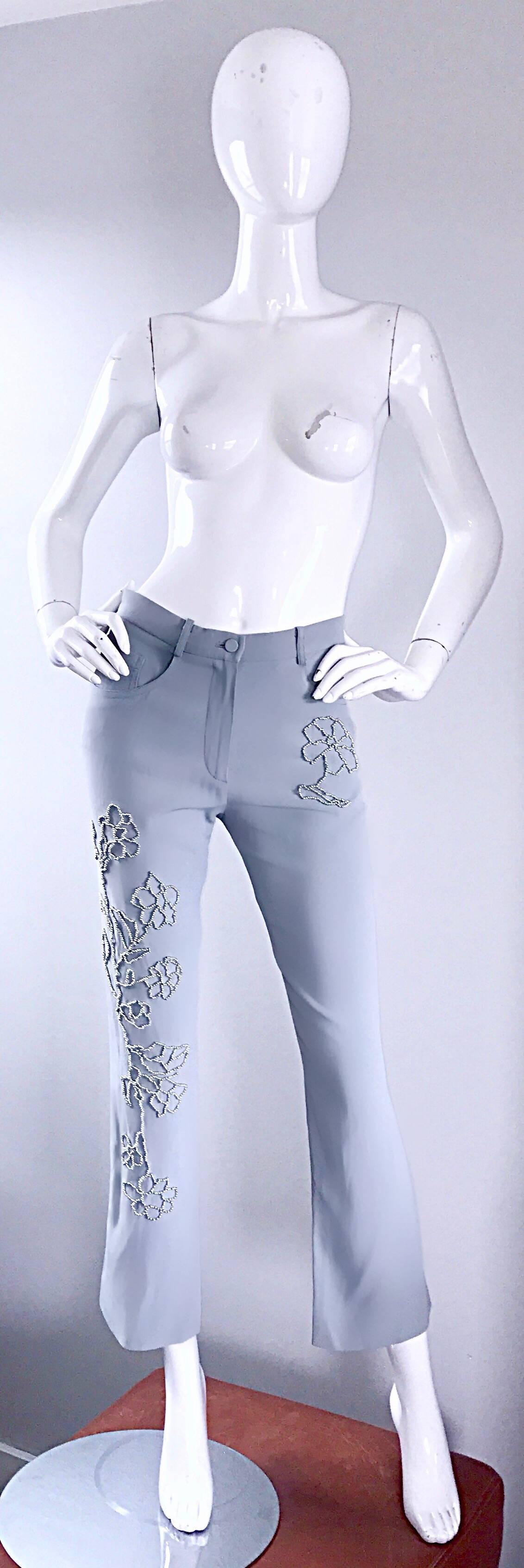 Beautiful and rare vintage 90s SONIA RYKIEL light blue beaded high waisted slim fit trousers! Silver beads in shapes of flowers throughout. Two pockets on the rear, and two at each side of the waist. Soft rayon crepe stretches to fit.  Button at
