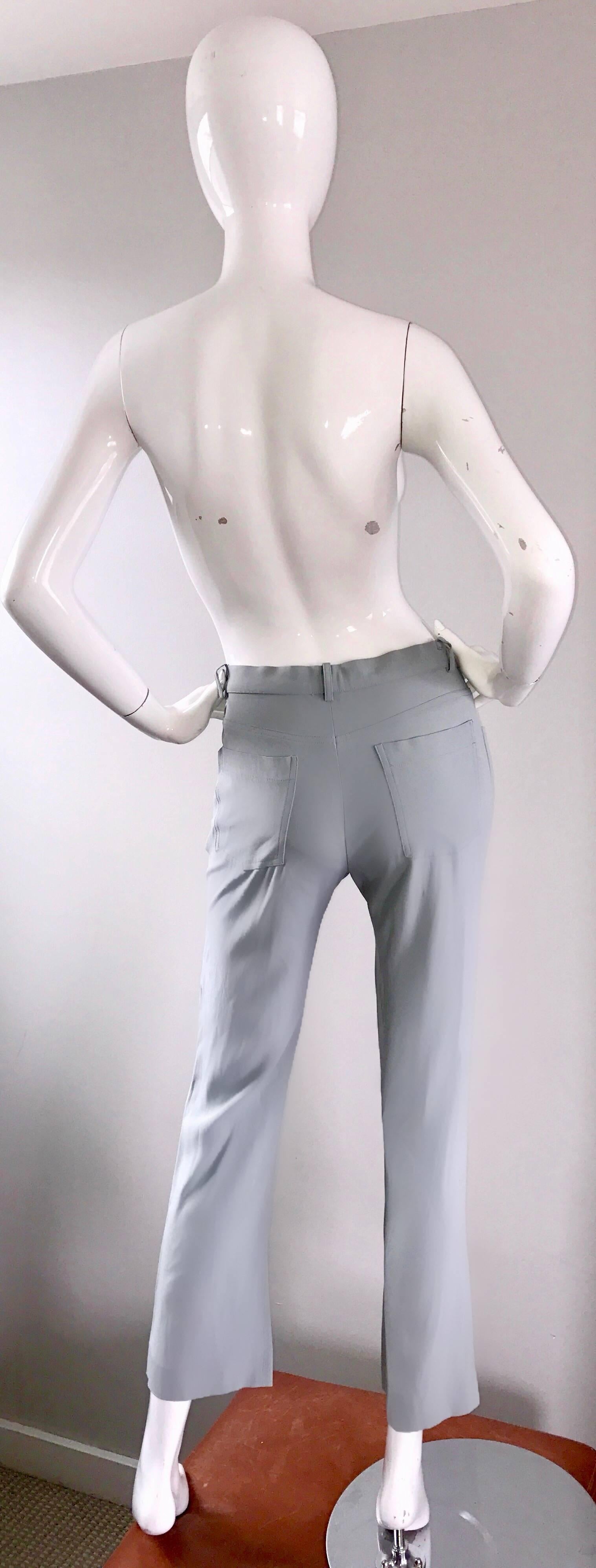 Gray Vintage Sonia Rykiel 1990s Pale Blue Silver Beaded High Waisted Slim Pants Sz 38 For Sale
