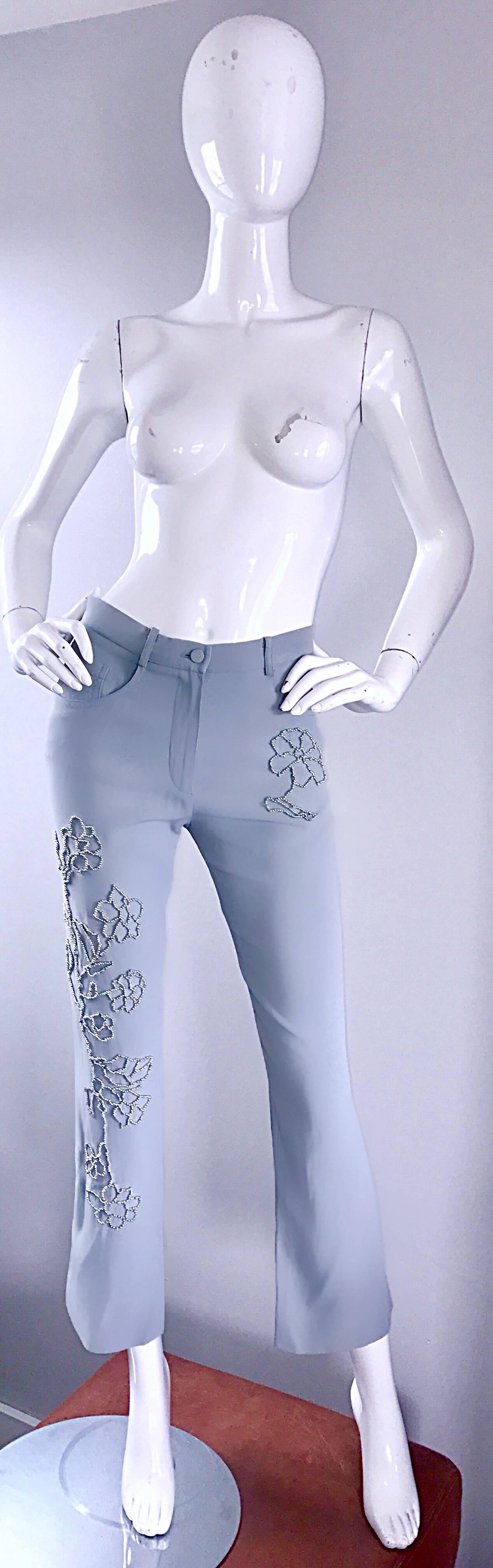 Vintage Sonia Rykiel 1990s Pale Blue Silver Beaded High Waisted Slim Pants Sz 38 In Excellent Condition For Sale In San Diego, CA