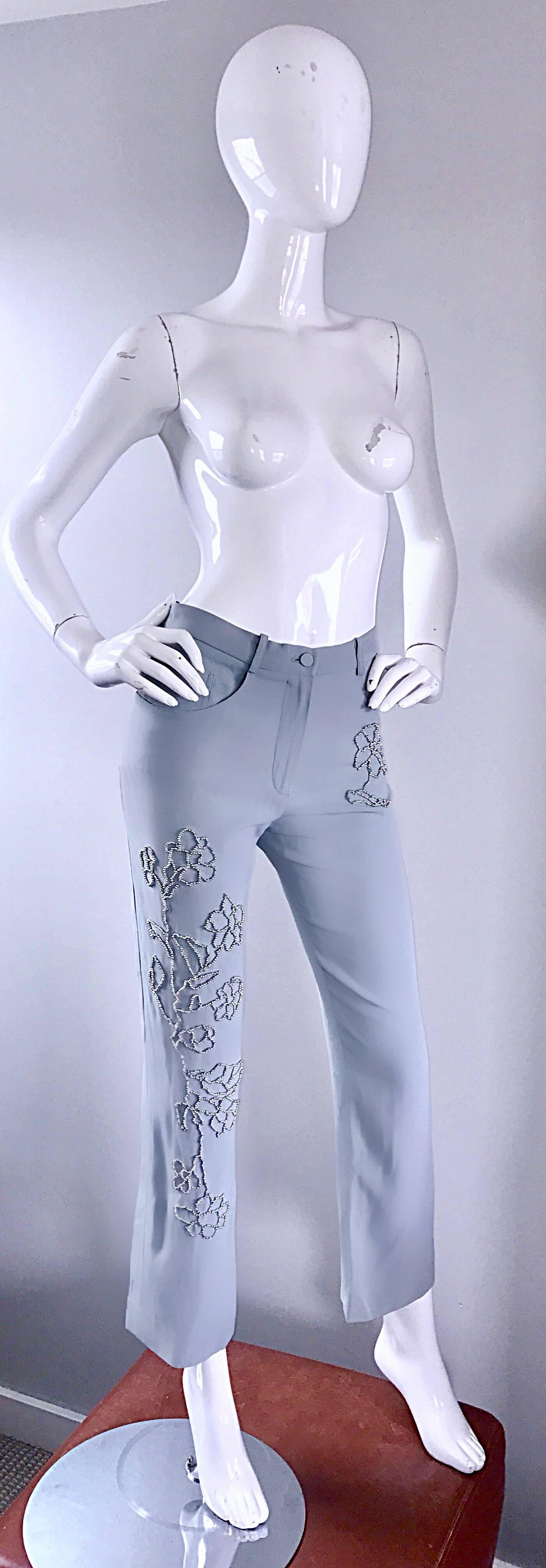 Women's Vintage Sonia Rykiel 1990s Pale Blue Silver Beaded High Waisted Slim Pants Sz 38 For Sale
