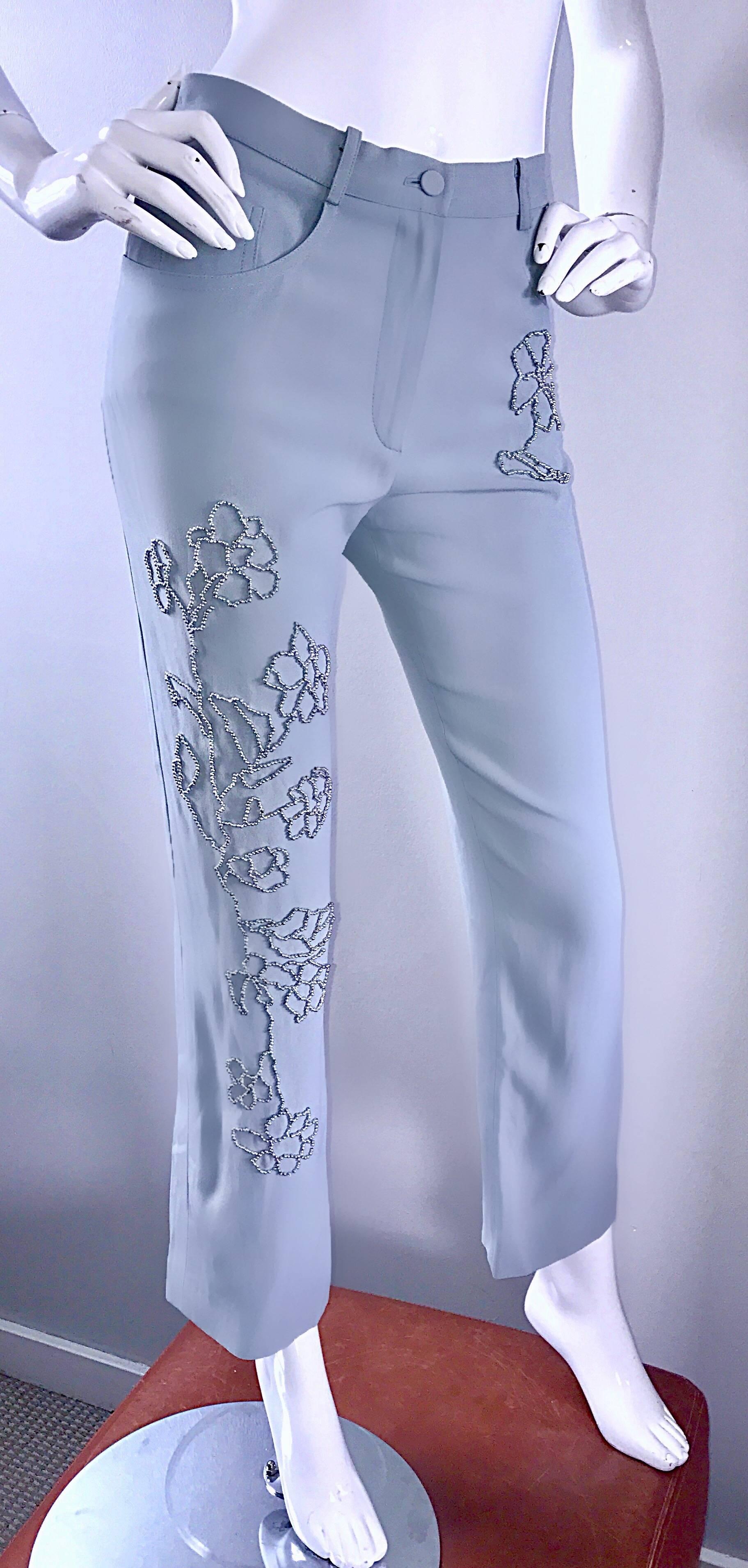 Vintage Sonia Rykiel 1990s Pale Blue Silver Beaded High Waisted Slim Pants Sz 38 For Sale 1