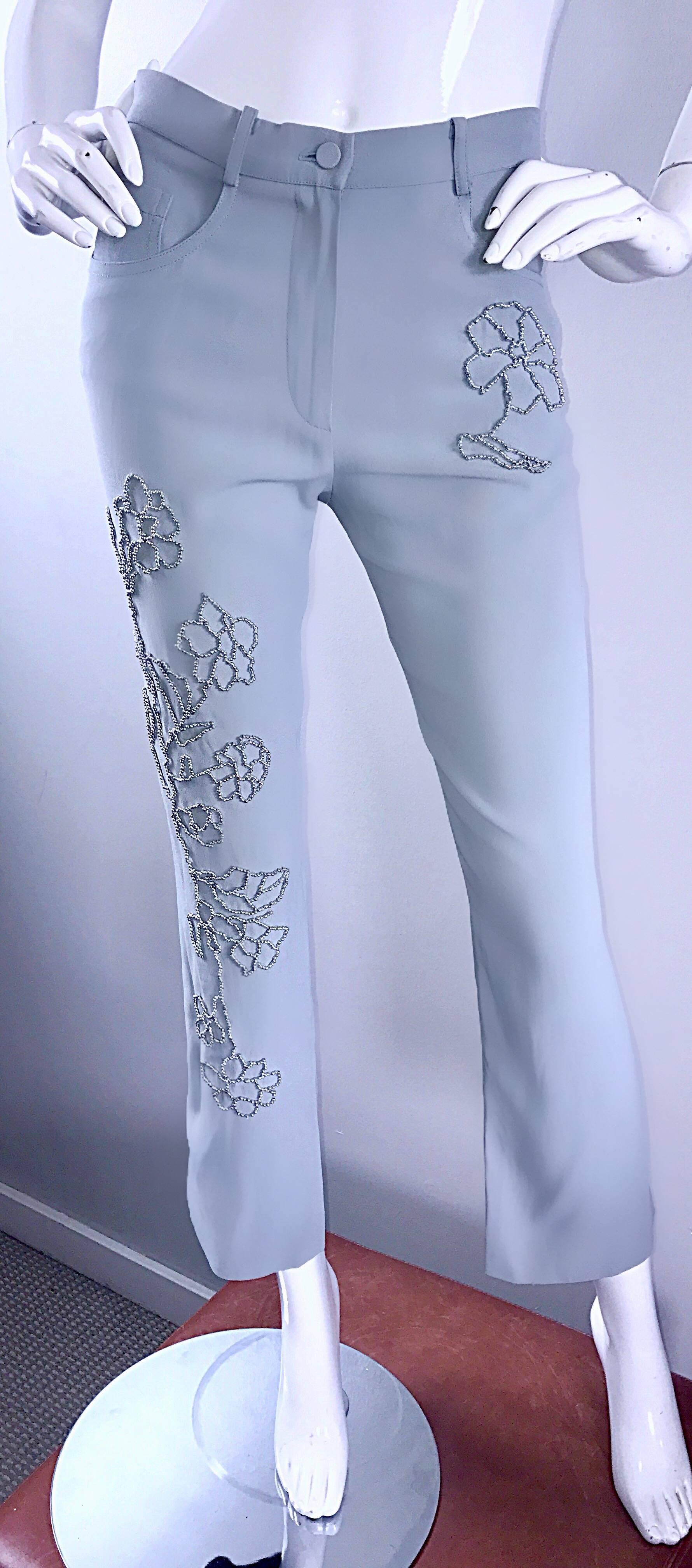 Vintage Sonia Rykiel Años 90 Azul Pálido Plateado Con Cuentas Pantalones de Cintura Alta Slim Sz 38 en venta 2