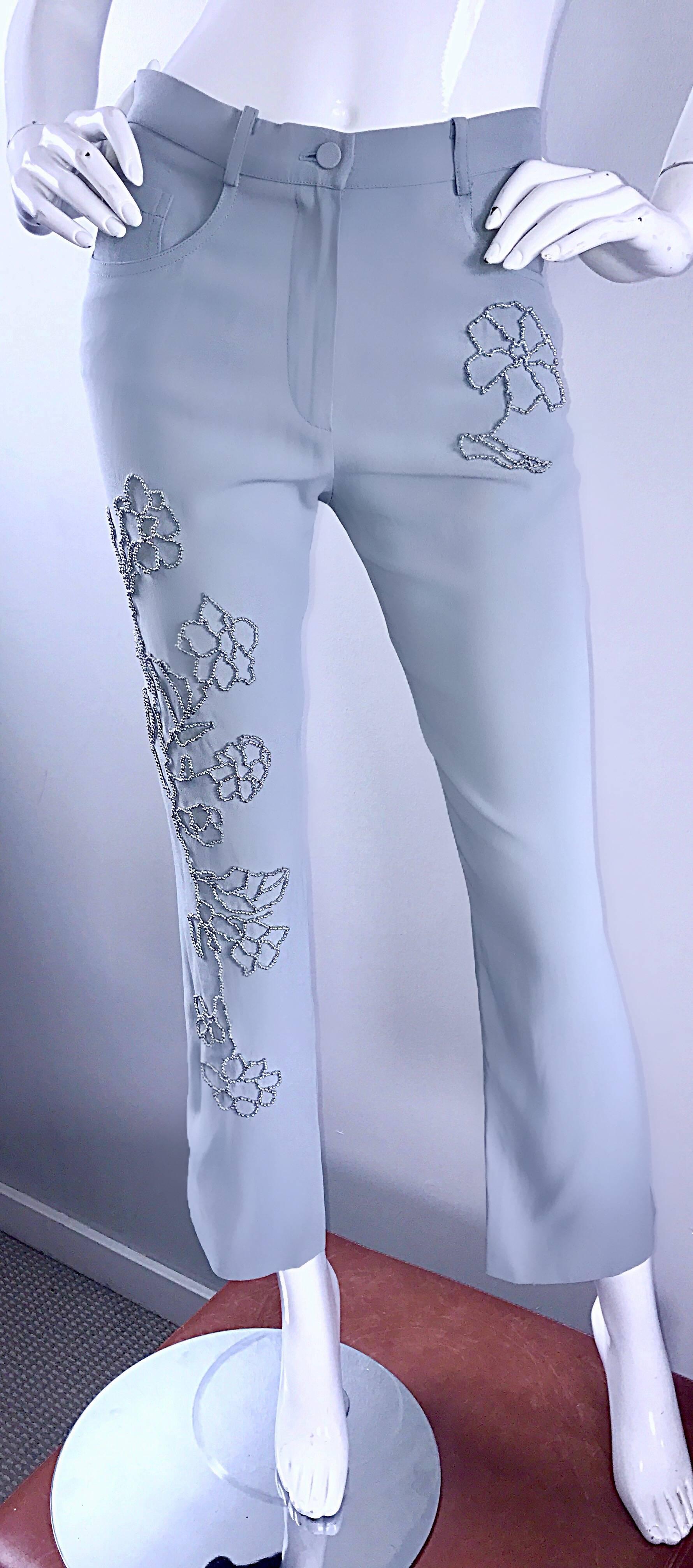 Vintage Sonia Rykiel 1990s Pale Blue Silver Beaded High Waisted Slim Pants Sz 38 For Sale 2