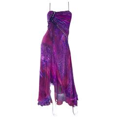 Vintage 90s Diane Freis Size 14 Silk Chiffon Purple + Fuchsia Ombre Maxi Dress 