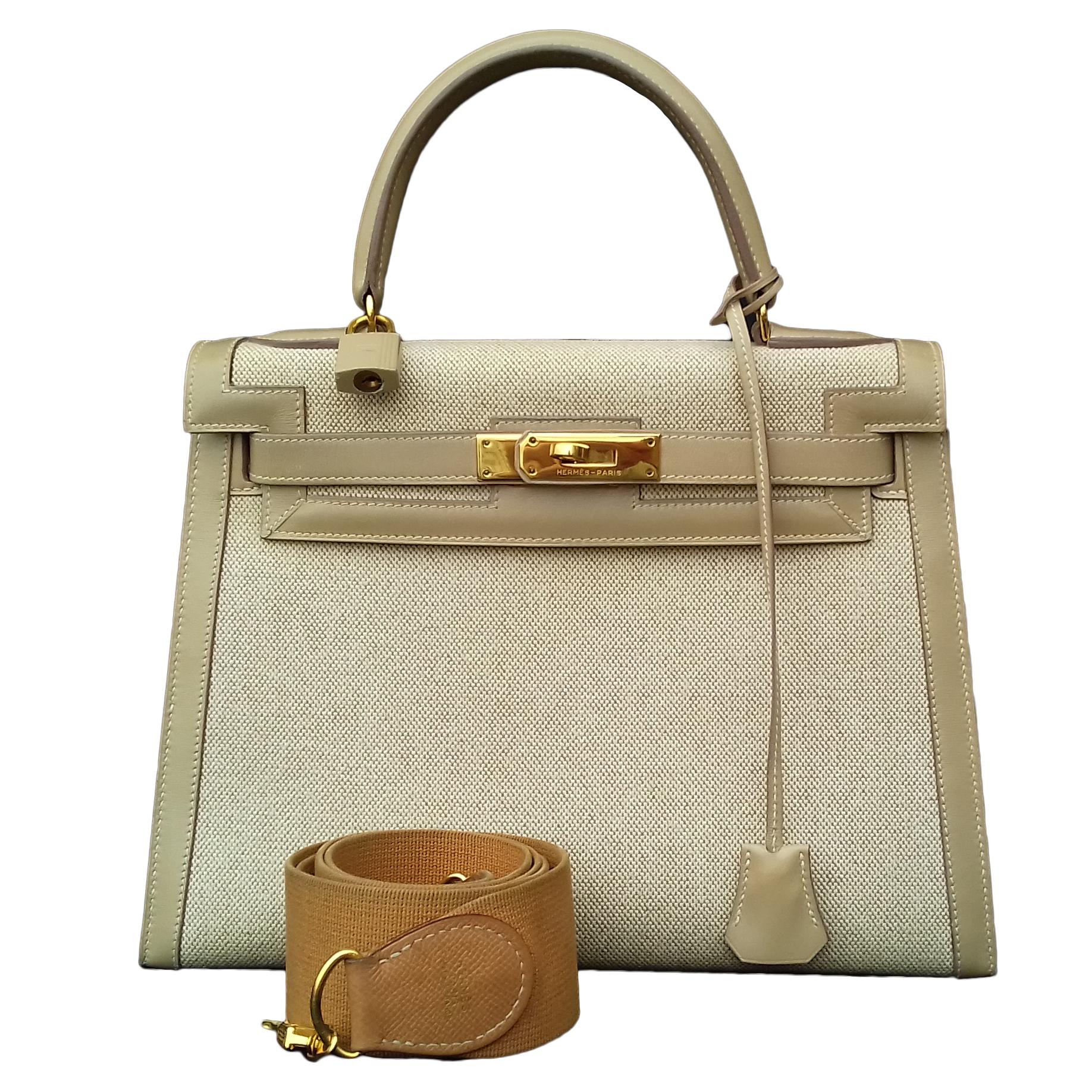 New Hermès Kelly 28 sellier handbag strap in beige canvas and gold leather,  SHW For Sale at 1stDibs