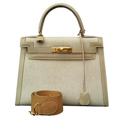 Hermès Kelly Sac Sellier Bi Matiere Toile Toile Beige Cuir Ghw 28 cm Strap