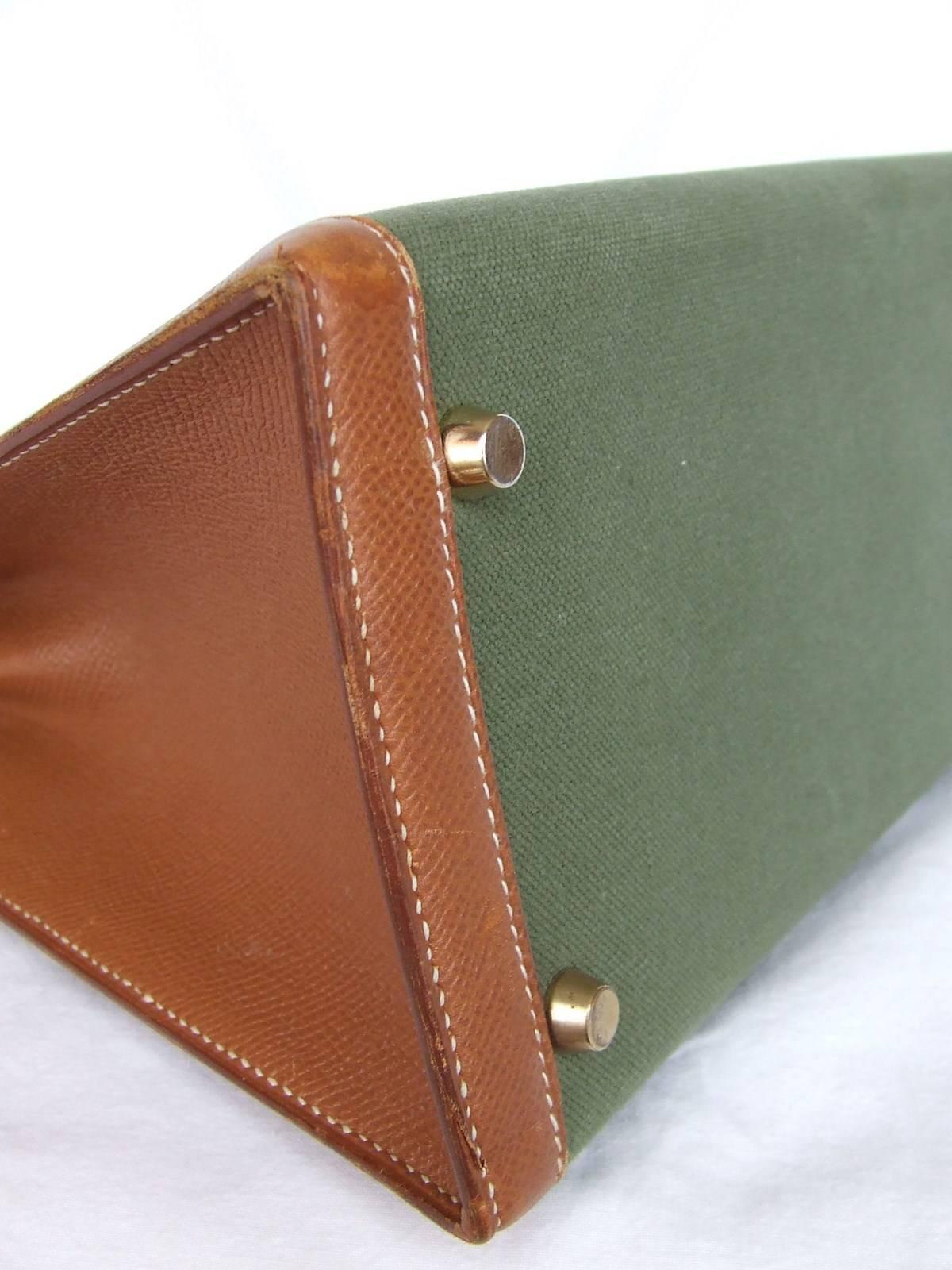 Hermes Kelly 32 Sellier Bag Bi Matiere Green Canvas Cognac Leather GHW Rare  1