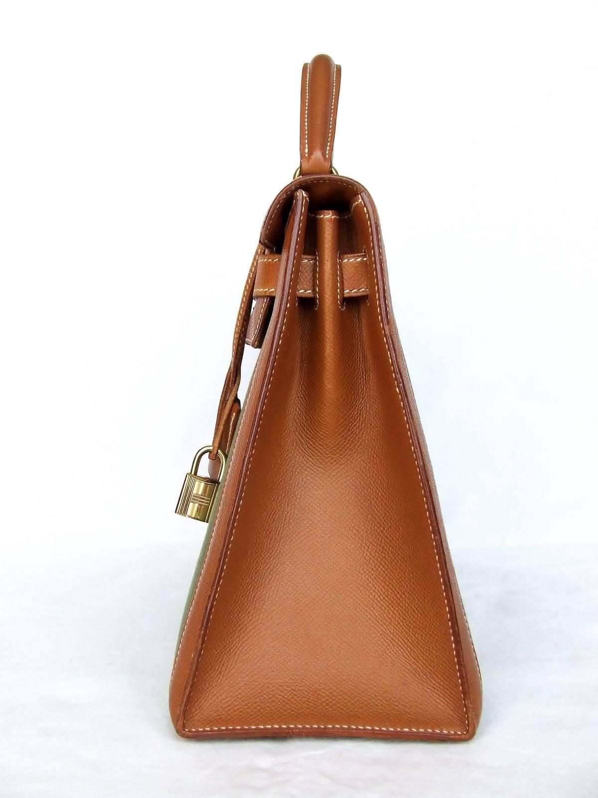 Very rare colorway for an Authentic Hermes Handbag

"KELLY"

Sellier version (stitching outside)

Rigid bag, which makes it very classy

Made in Fance

Stamp X in a circle

Made of Canvas and Leather, Golden Hardware

Colorway: Cognac