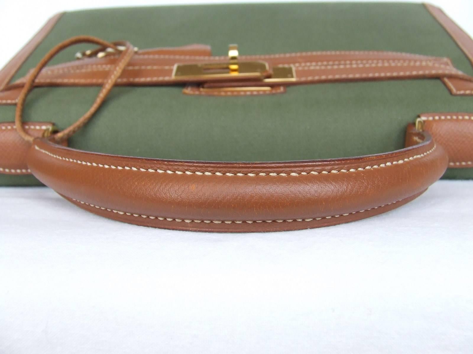 Brown Hermes Kelly 32 Sellier Bag Bi Matiere Green Canvas Cognac Leather GHW Rare 