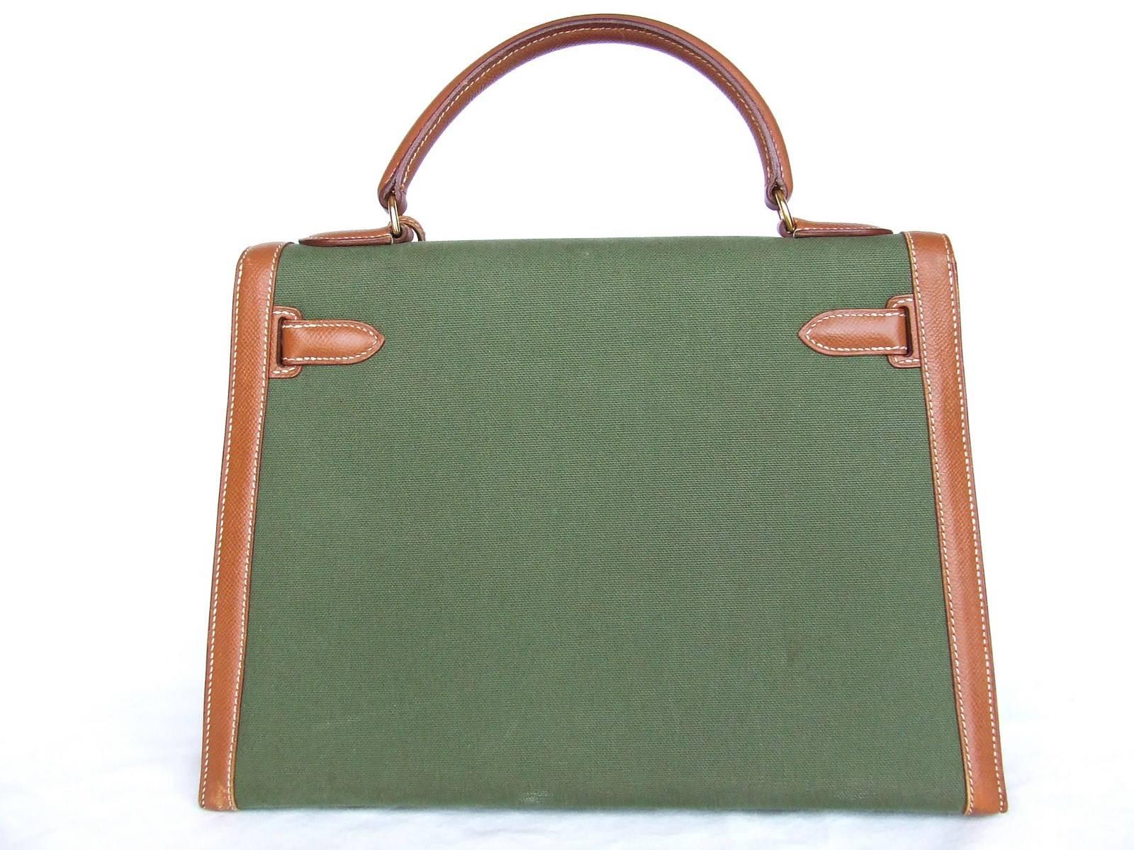 Hermes Kelly 32 Sellier Bag Bi Matiere Green Canvas Cognac Leather GHW Rare  3