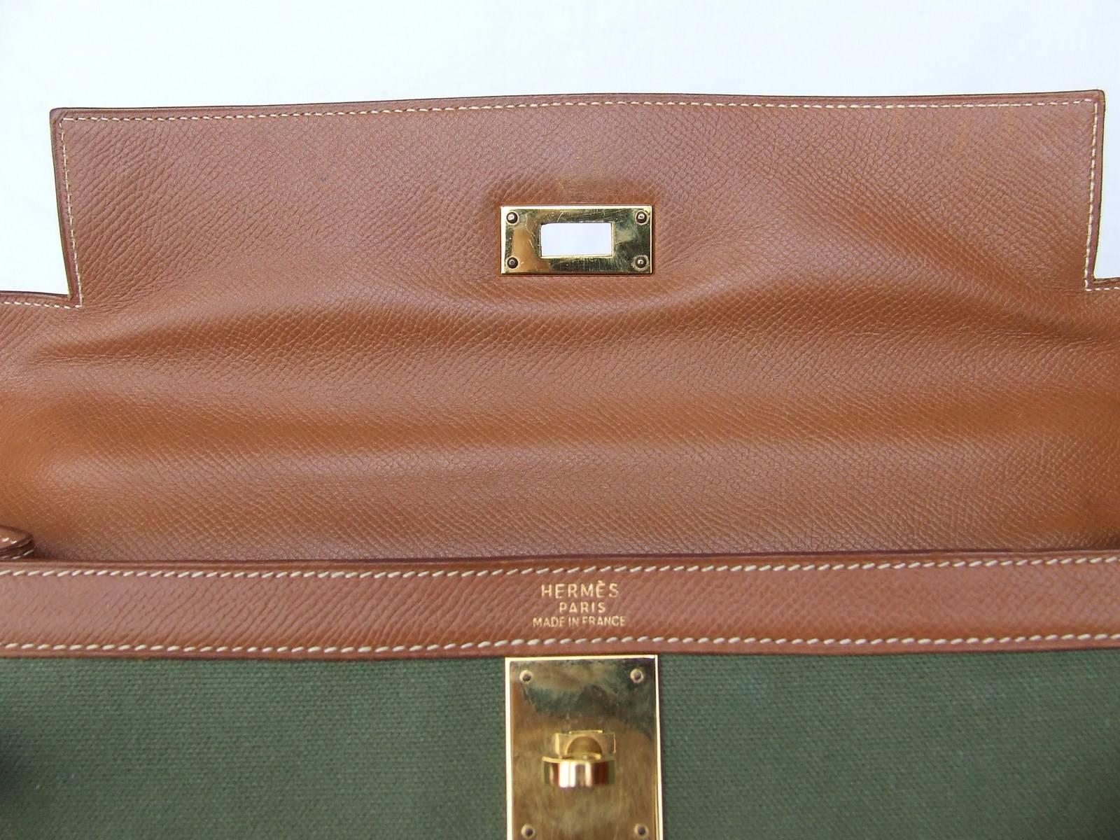Hermes Kelly 32 Sellier Bag Bi Matiere Green Canvas Cognac Leather GHW Rare  4
