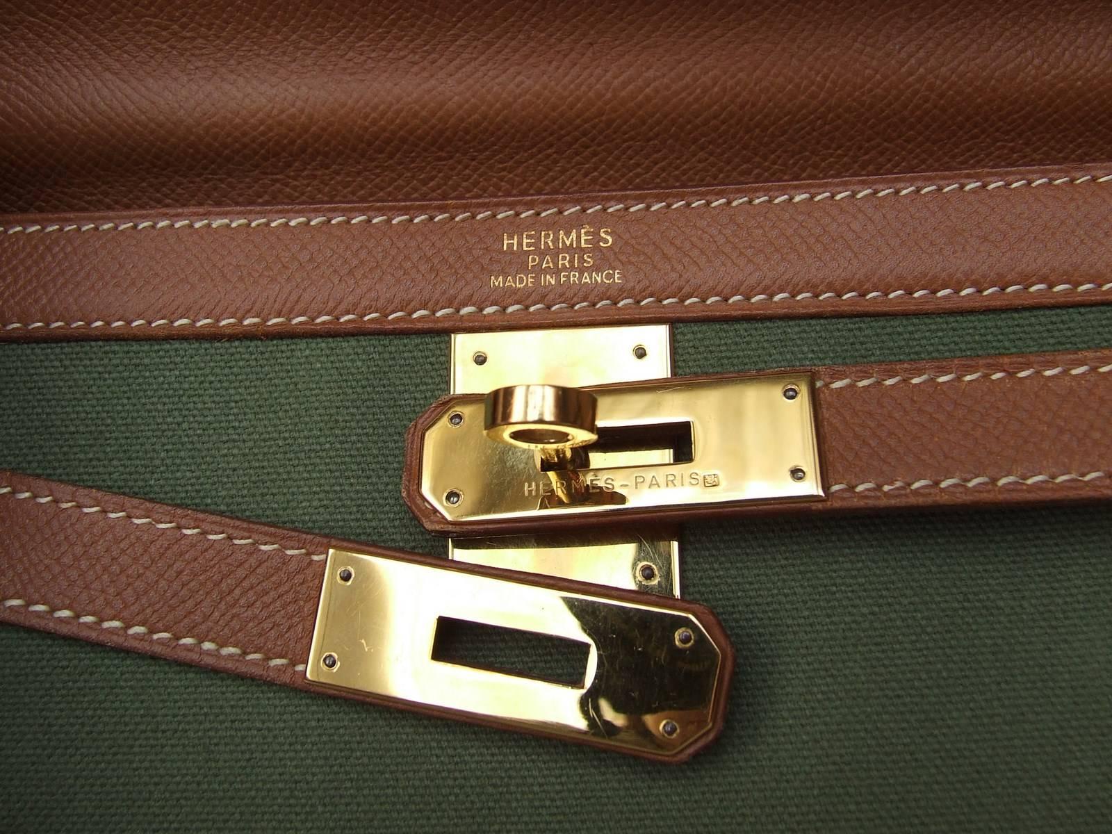 Women's Hermes Kelly 32 Sellier Bag Bi Matiere Green Canvas Cognac Leather GHW Rare 