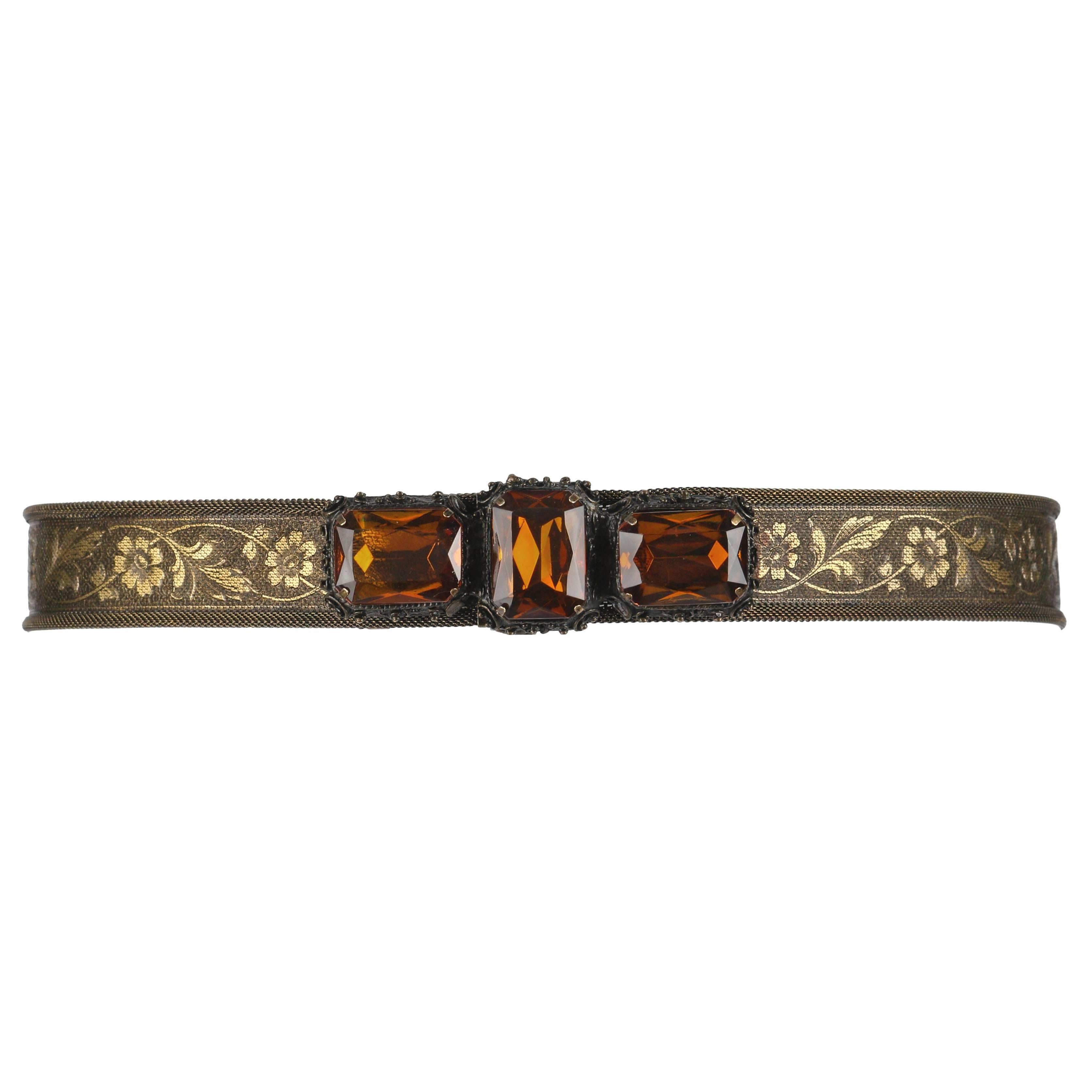 VICTORIAN REVIVAL c.1930's Bronze Floral Metal Mesh Amber Quartz Jeweled Belt For Sale