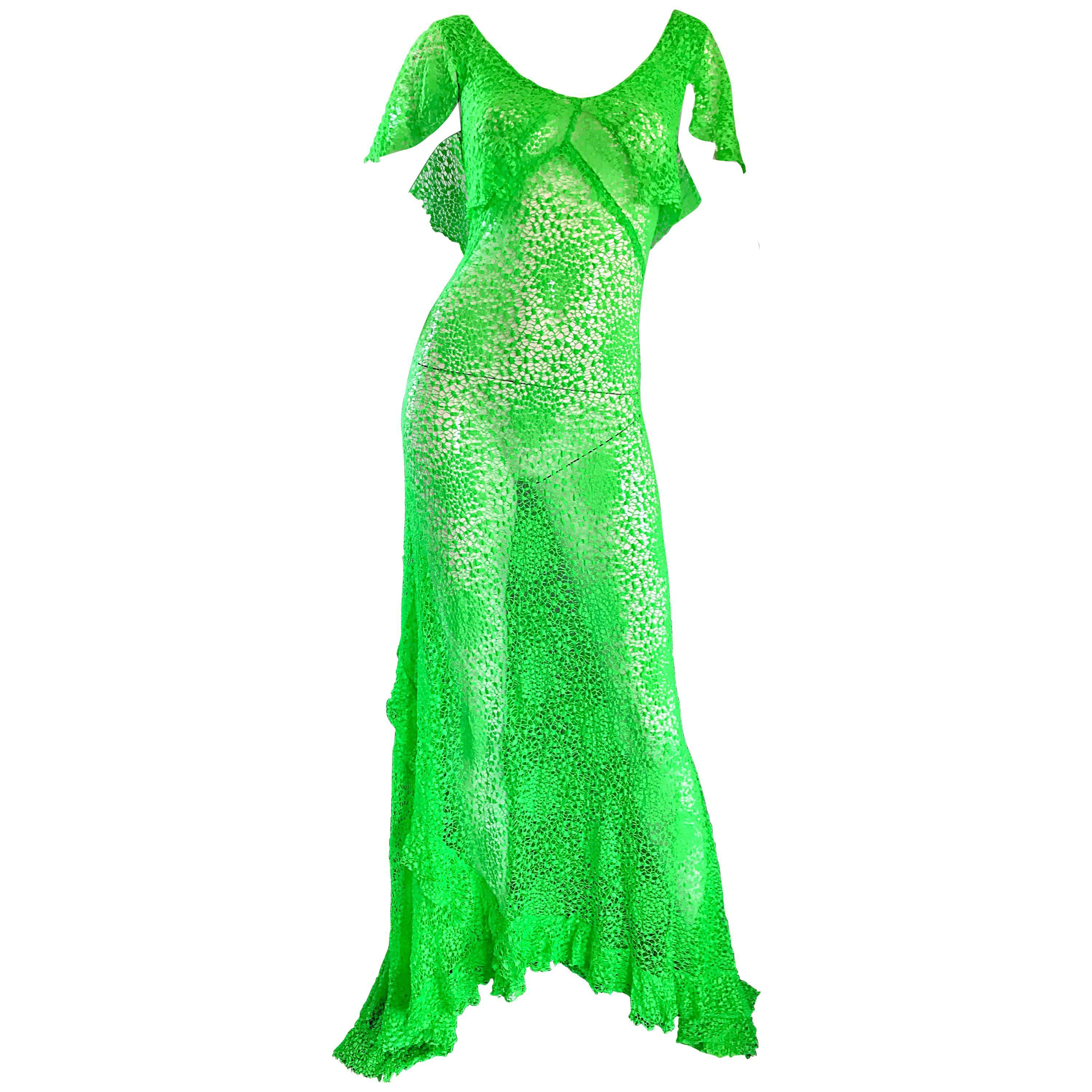 1930s Bright Neon Green Hand Crochet Vintage Bias Cut Gown