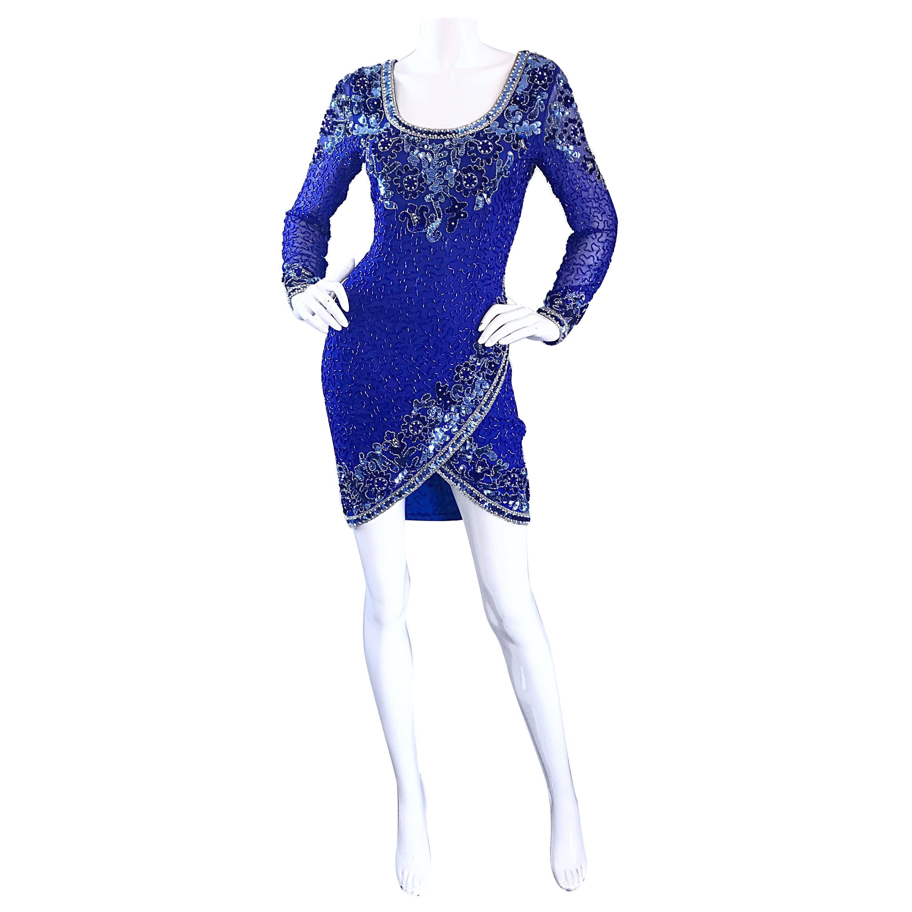 Vintage Oleg Cassini Size 6 1990s Royal Blue Silk Sequin Beaded 90s Mini Dress