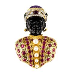 Blackamoor Gem Set Gilt Sterling Silver Brooch Pin 6