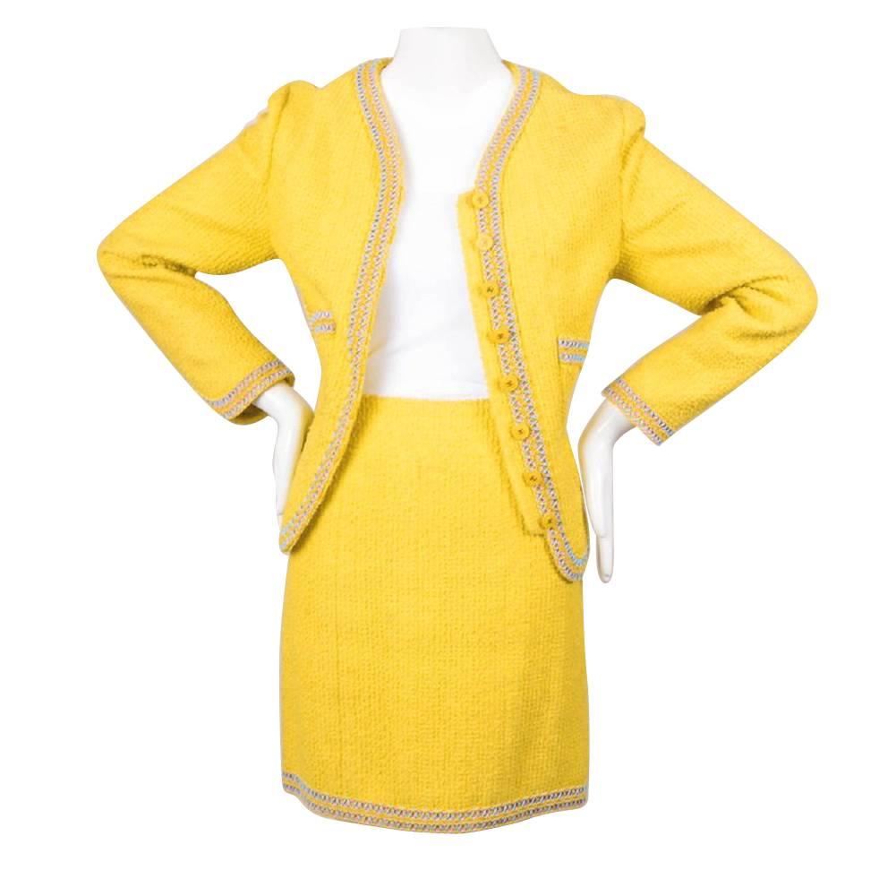 Chanel Yellow Tweed Beaded Embellished Skirt Suit For Sale