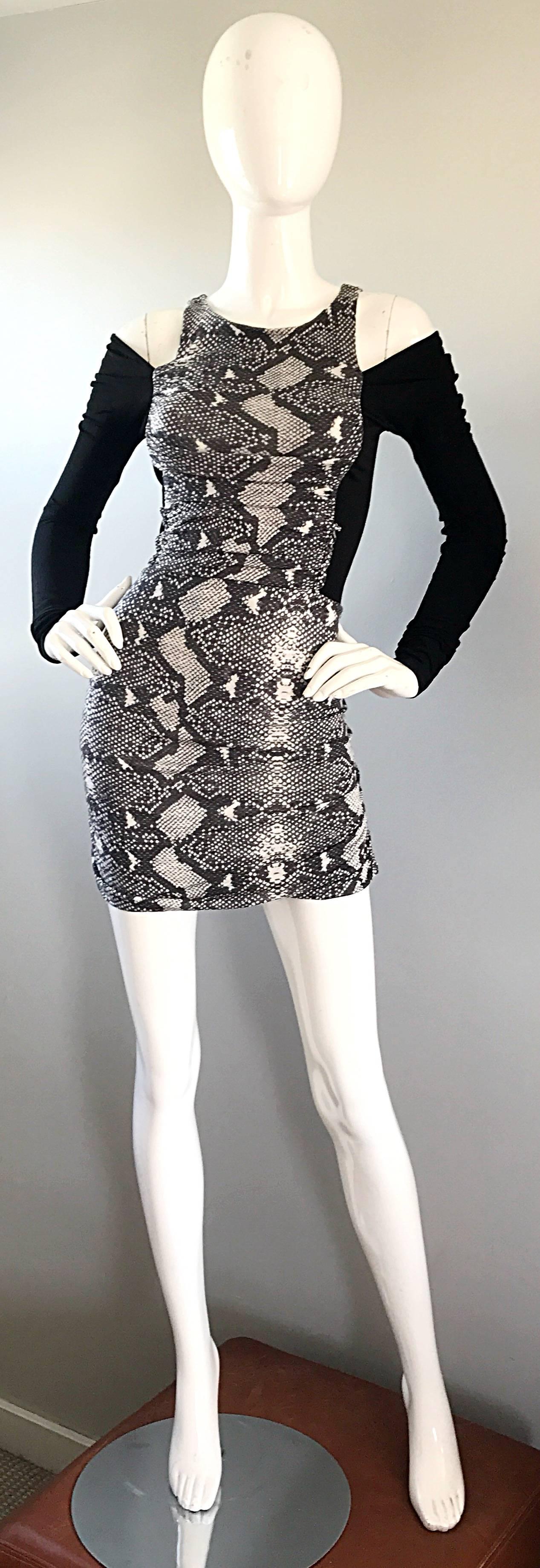 1990s PIERRE BALMAIN Black and White Snakeskin Cold Shoulder Sexy Dress For Sale 1