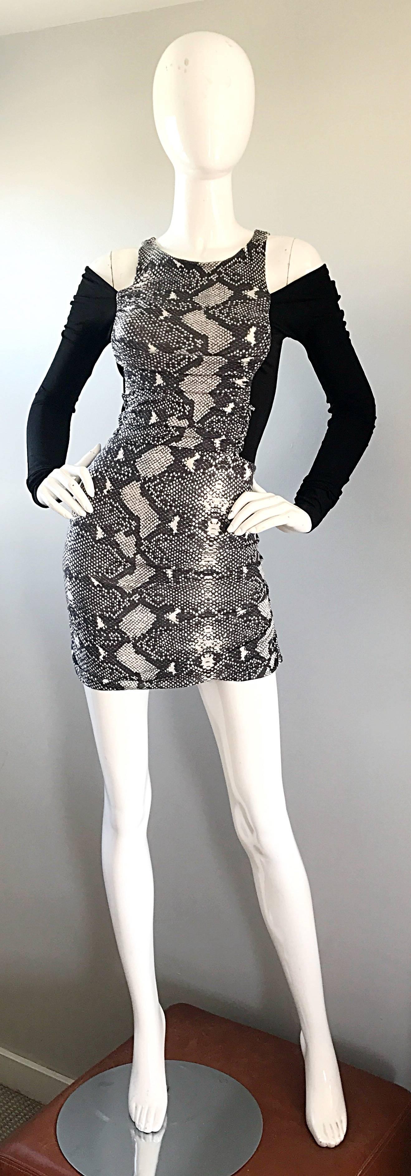 Sexy 90s vintage PIERRE BALMAIN black, white and gray snakeskin print cold shoulder mini dress! Bodycon fit with so much attention to detail. Flattering ruching down the side. Simply slips over the head and stretches to fit. Looks smashing on the