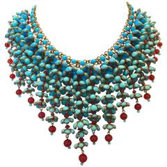 Coco Chanel Gripoix Poured Glass Flower Faux Turquoise and Ruby Necklace 2