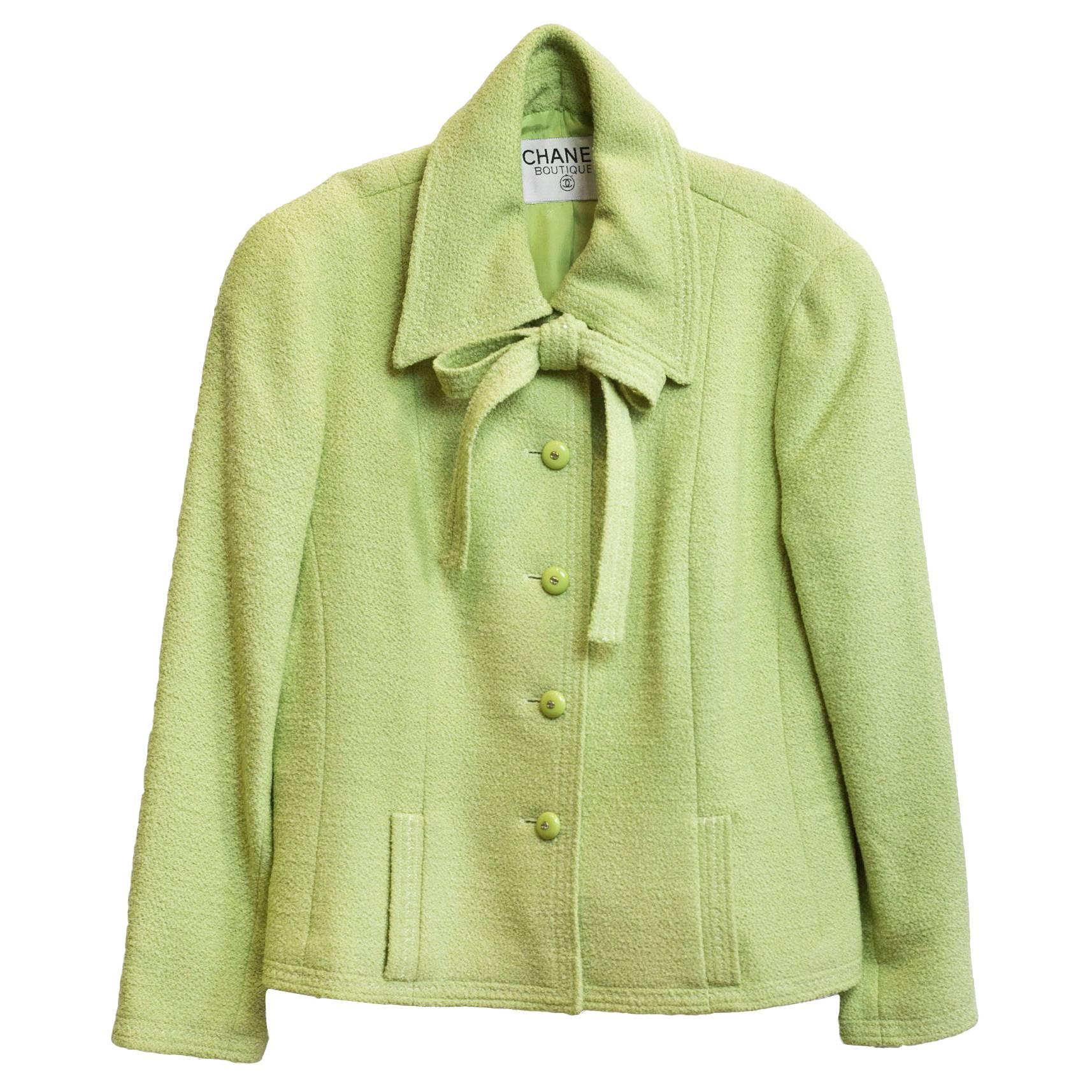 Chanel Chartreuse Boucle Button-Up Jacket w/ Neck Tie
