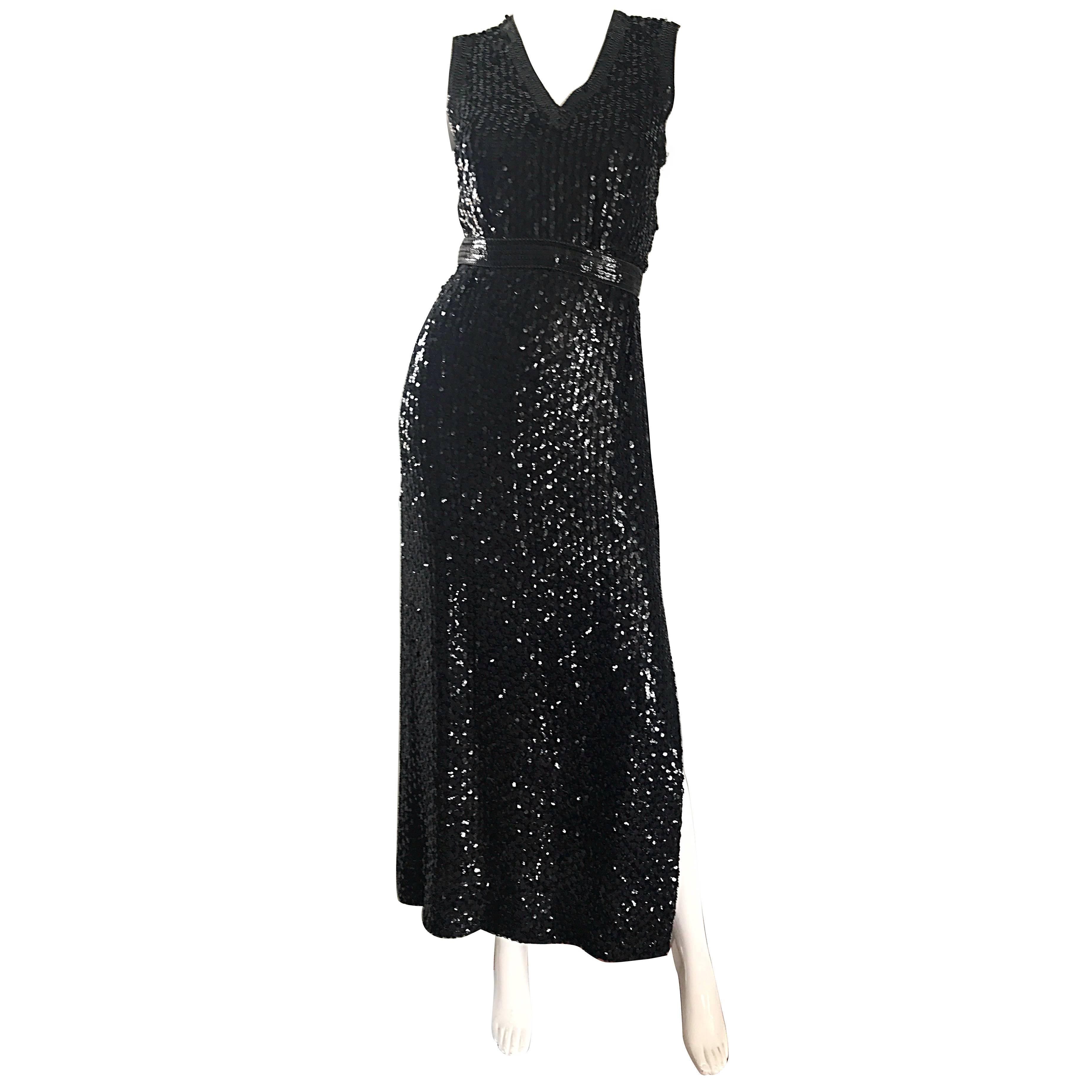 1970s Lillie Rubin Black Silk Sequin Belted Vintage 70s Sleeveless Evening Dress For Sale
