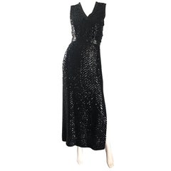 1970s Lillie Rubin Black Silk Sequin Belted Retro 70s Sleeveless Evening Dress