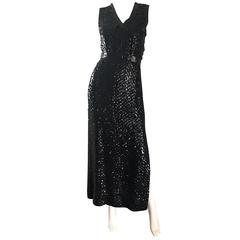 1970s Lillie Rubin Black Silk Sequin Belted Vintage 70s Sleeveless Evening Dress 12