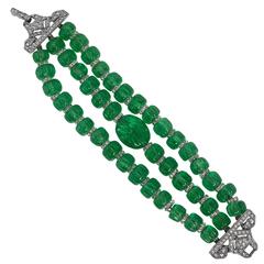 Art Deco French Faux Carved Emerald Bead Three Strand Diamond Clasp Bracelet 9