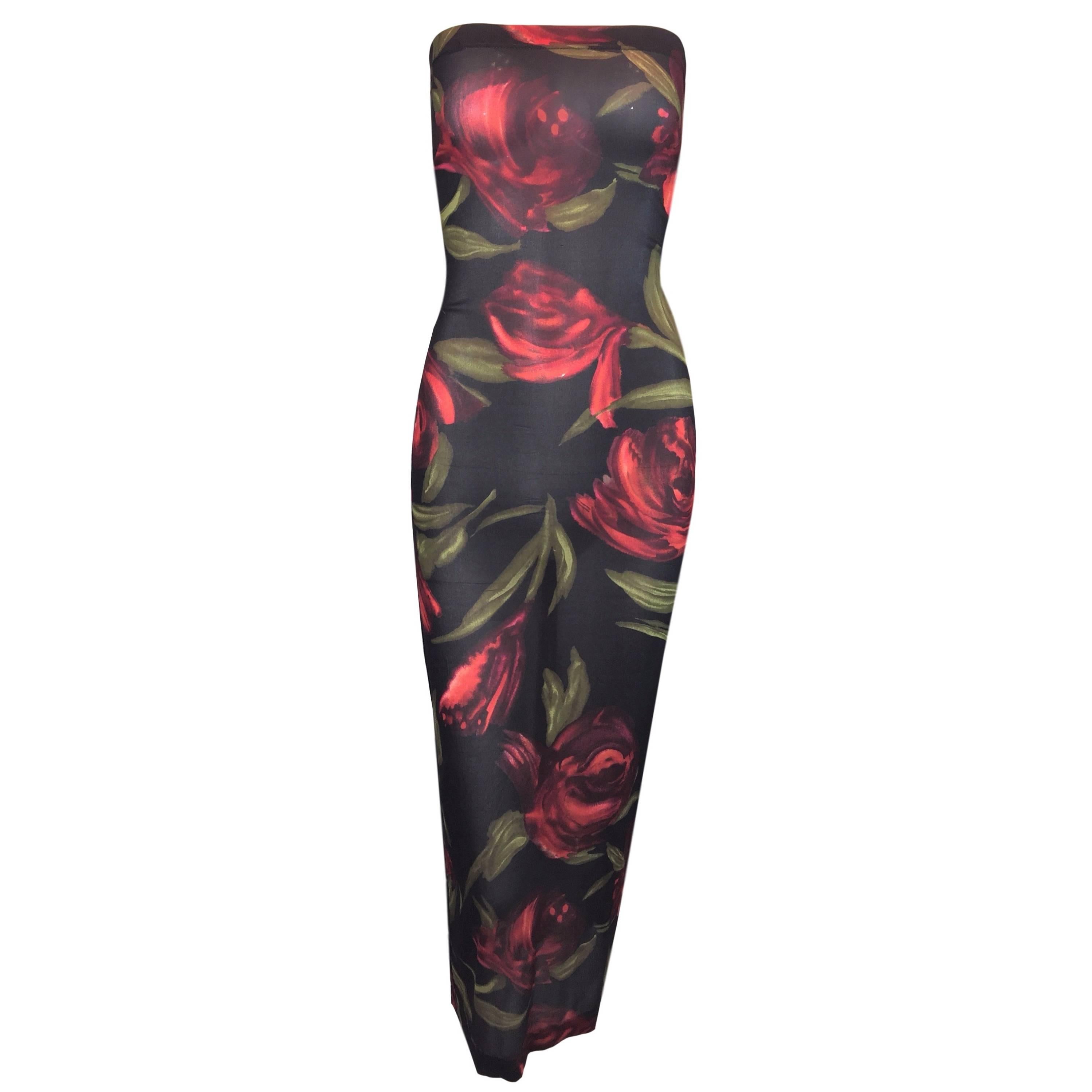 C. 1996 Dolce & Gabbana Rose Floral Sheer Silk Tube Dress 