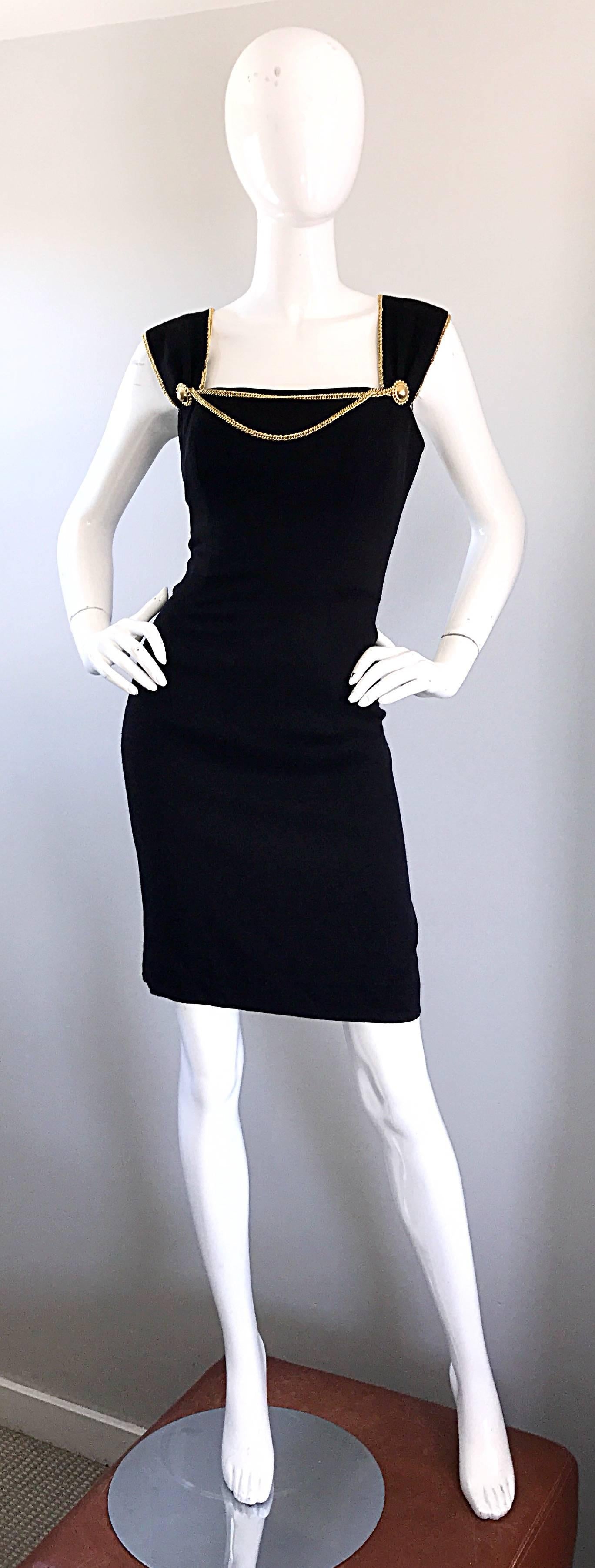 Sexy 1990s HUEY WALTZER black bodcon sleeveless dress! Body hugging fit is super flattering on! Features gold chains along the bust, sleeves, and back. Hidden zipper up the back with hook-and-eye closure. Impeccable construction, with a style that